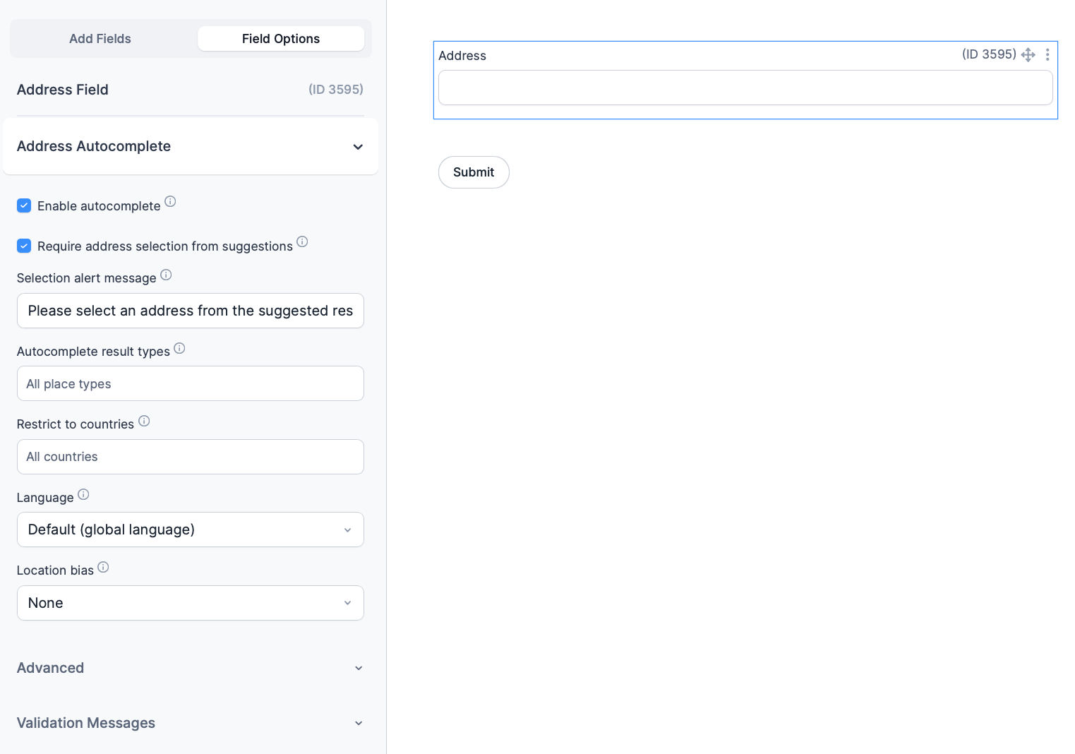Dedicated single-line Address field options, including required suggestion selection, its alert message, result types, countries, language and location bias.