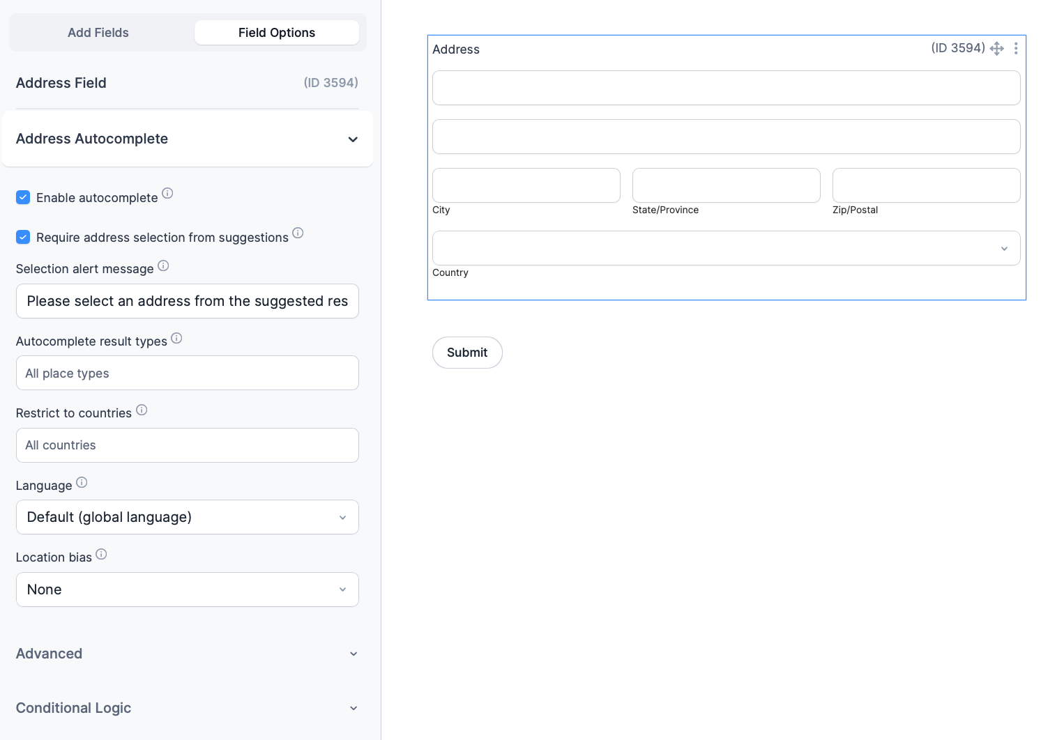 Autocomplete options for Formidable Forms' native multipart Address field, available in host editions that provide that field.