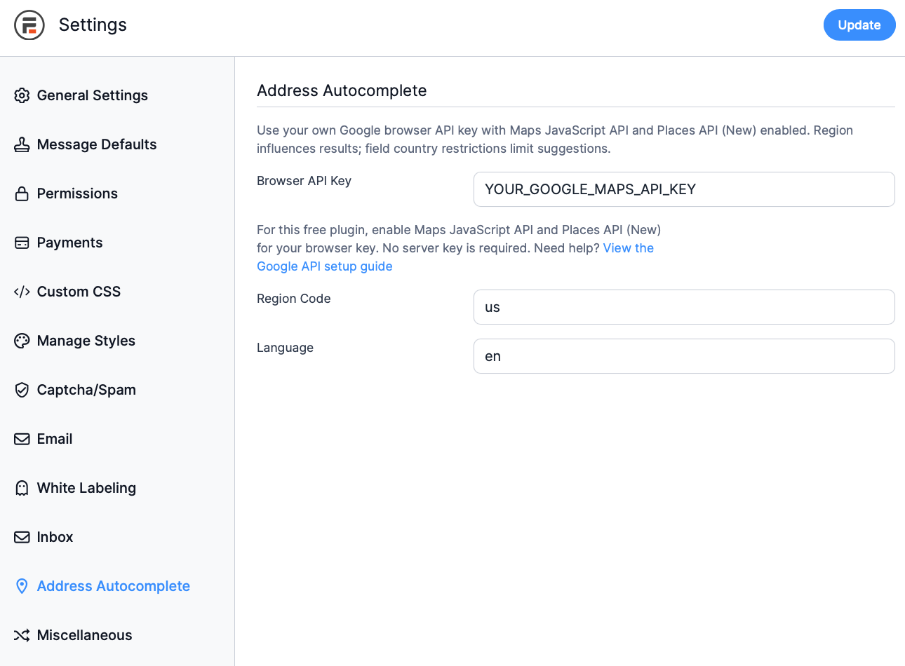 Global Google browser API key, region and language settings, with a link to the API setup guide.