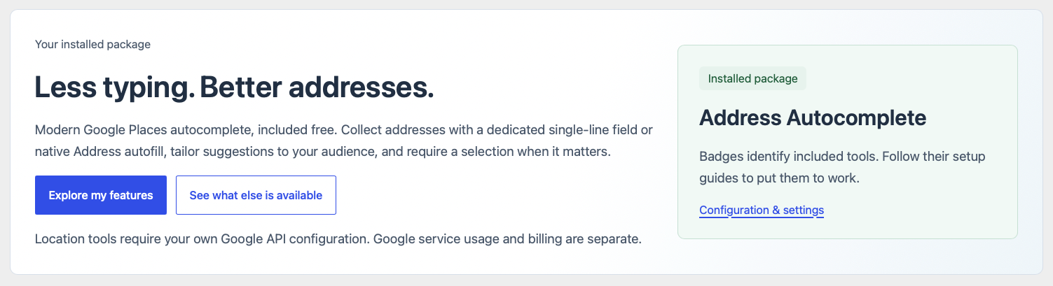 The plugin overview introduces the included standalone Address Autocomplete integration and links to its configuration.