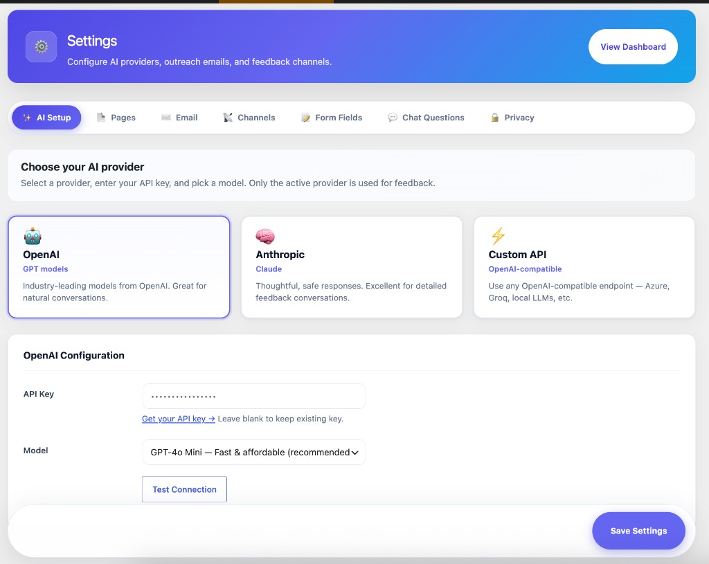 AI Setup — choose OpenAI, Anthropic, or a custom OpenAI-compatible API