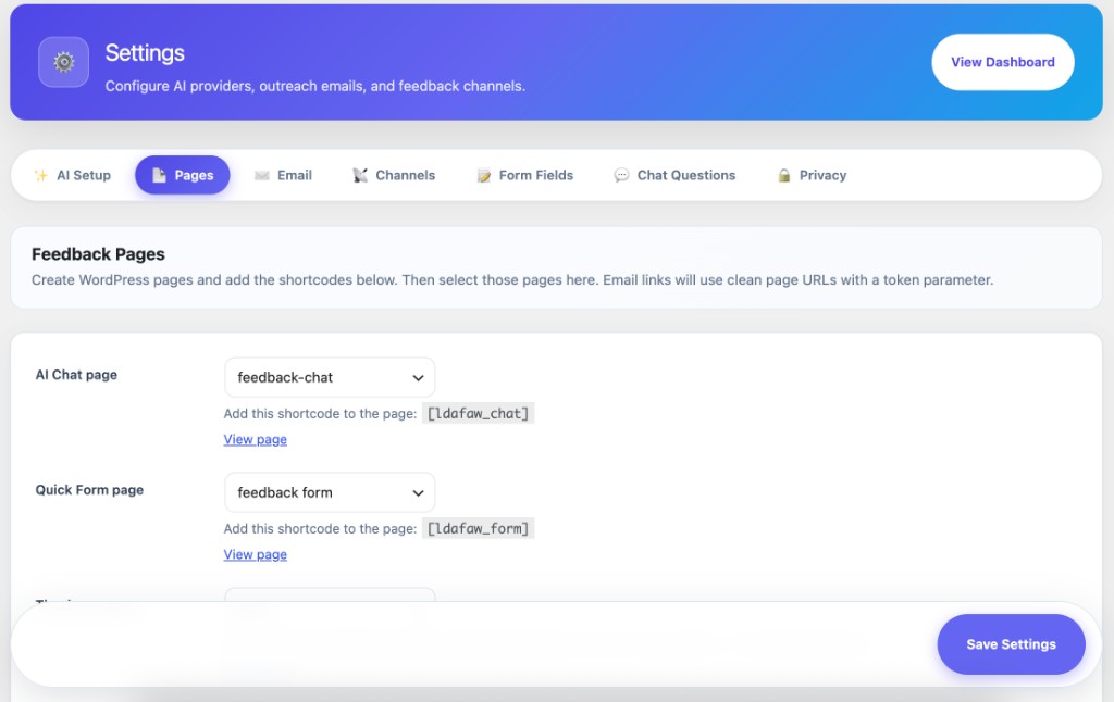 Feedback Pages — map chat, form, and thank-you pages with shortcodes