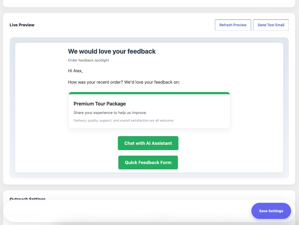 Live email preview with refresh and send-test actions