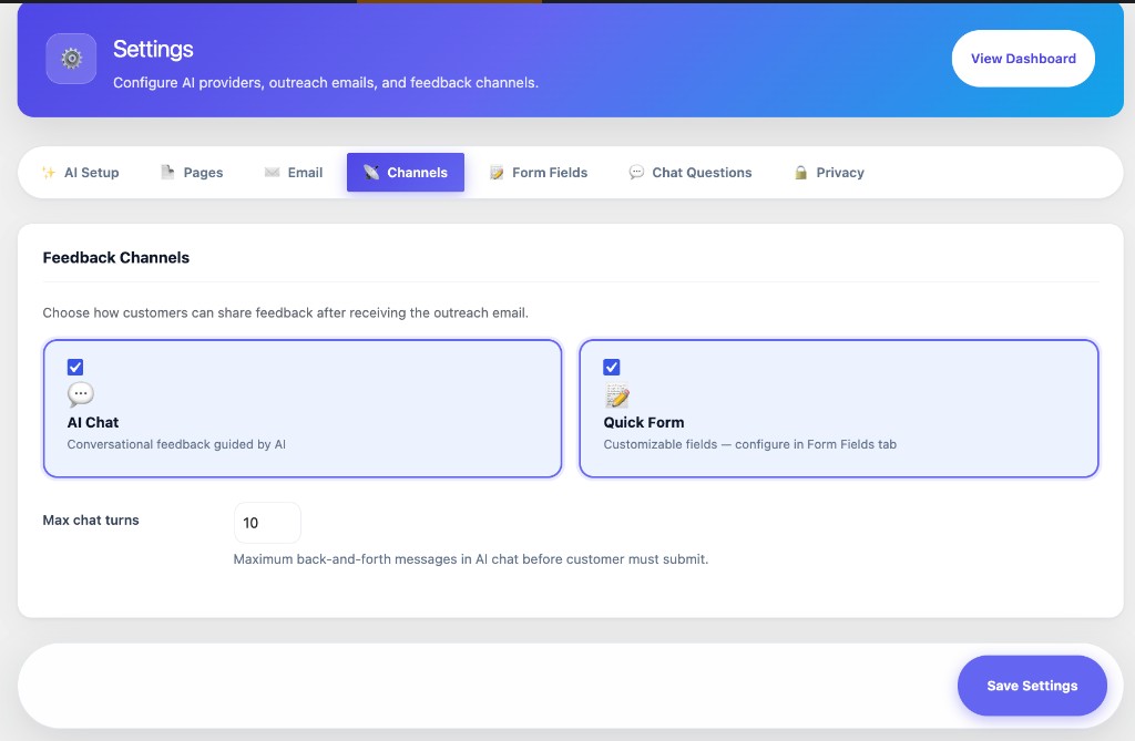 Feedback Channels — enable AI Chat and Quick Form, set max chat turns