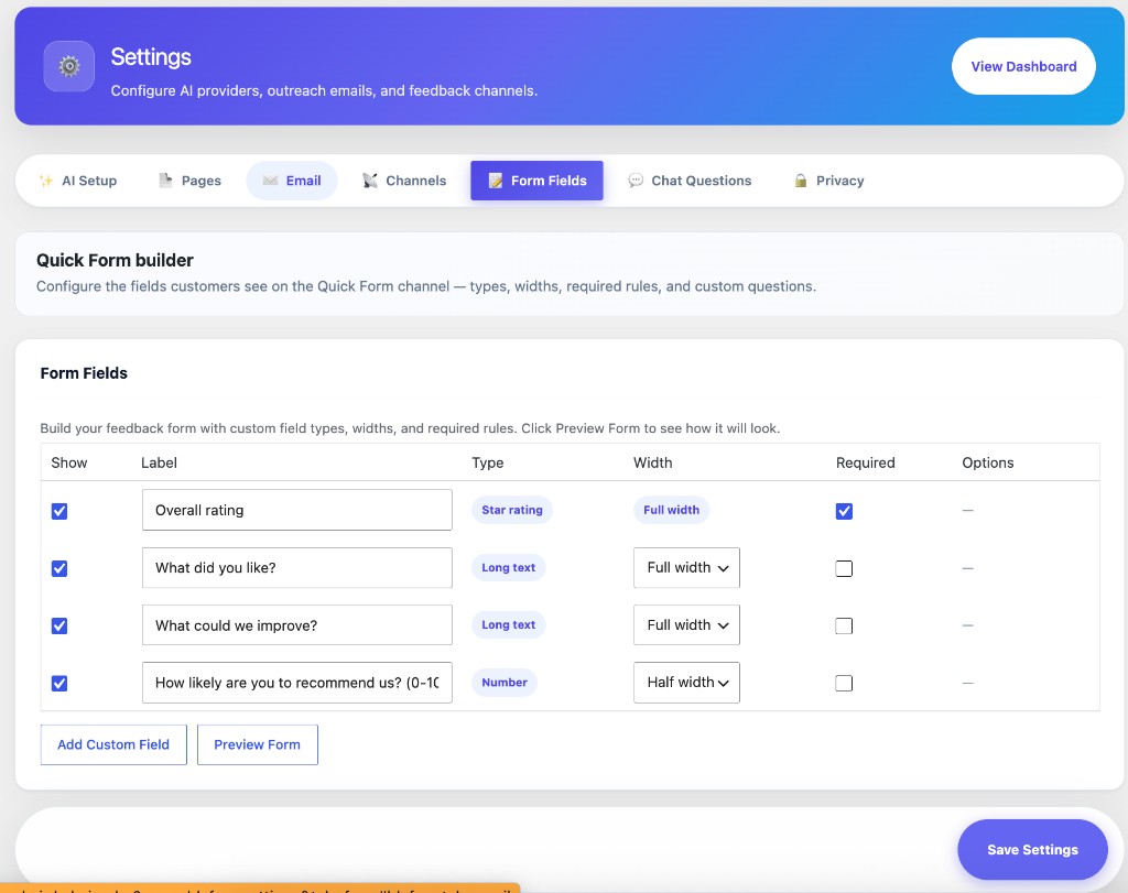 Quick Form builder — fields, widths, required rules, and preview