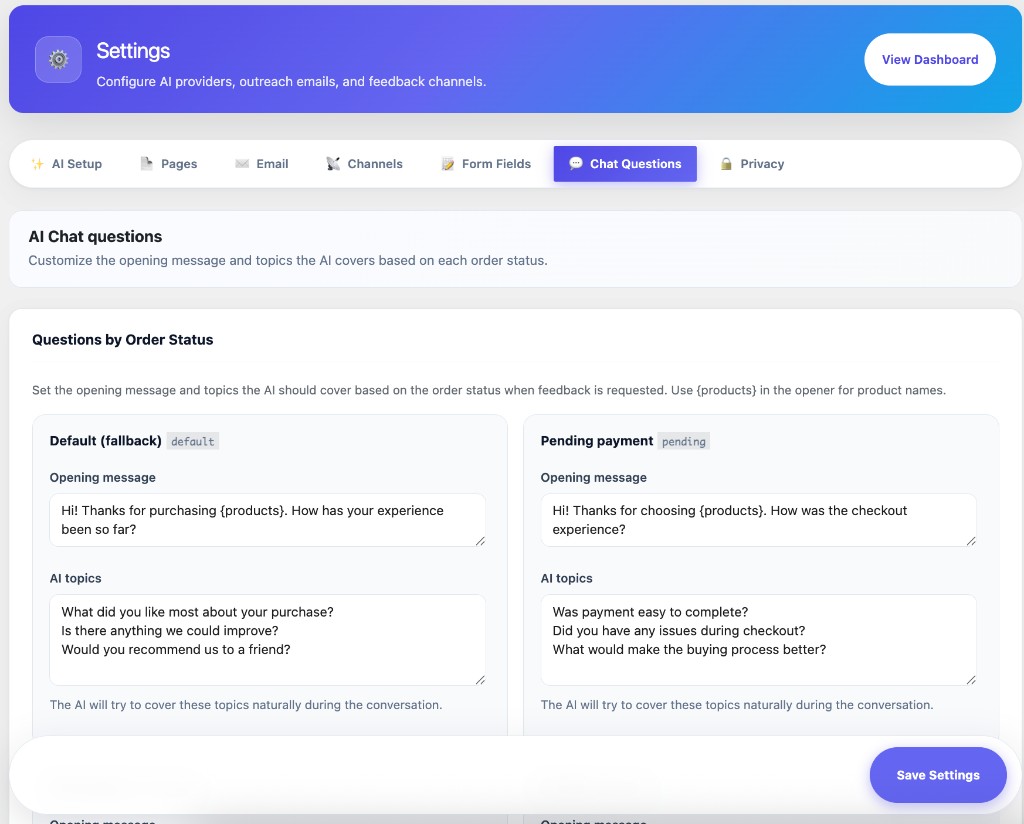 AI Chat questions — openers and topics by order status