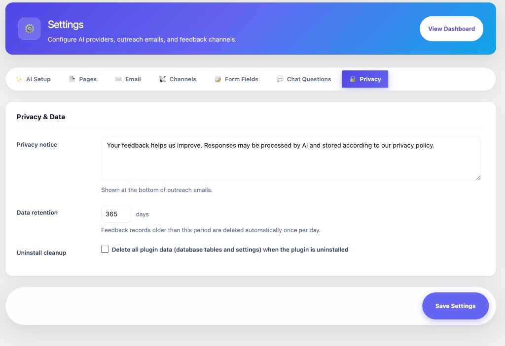 Privacy & Data — notice text, retention period, and uninstall cleanup