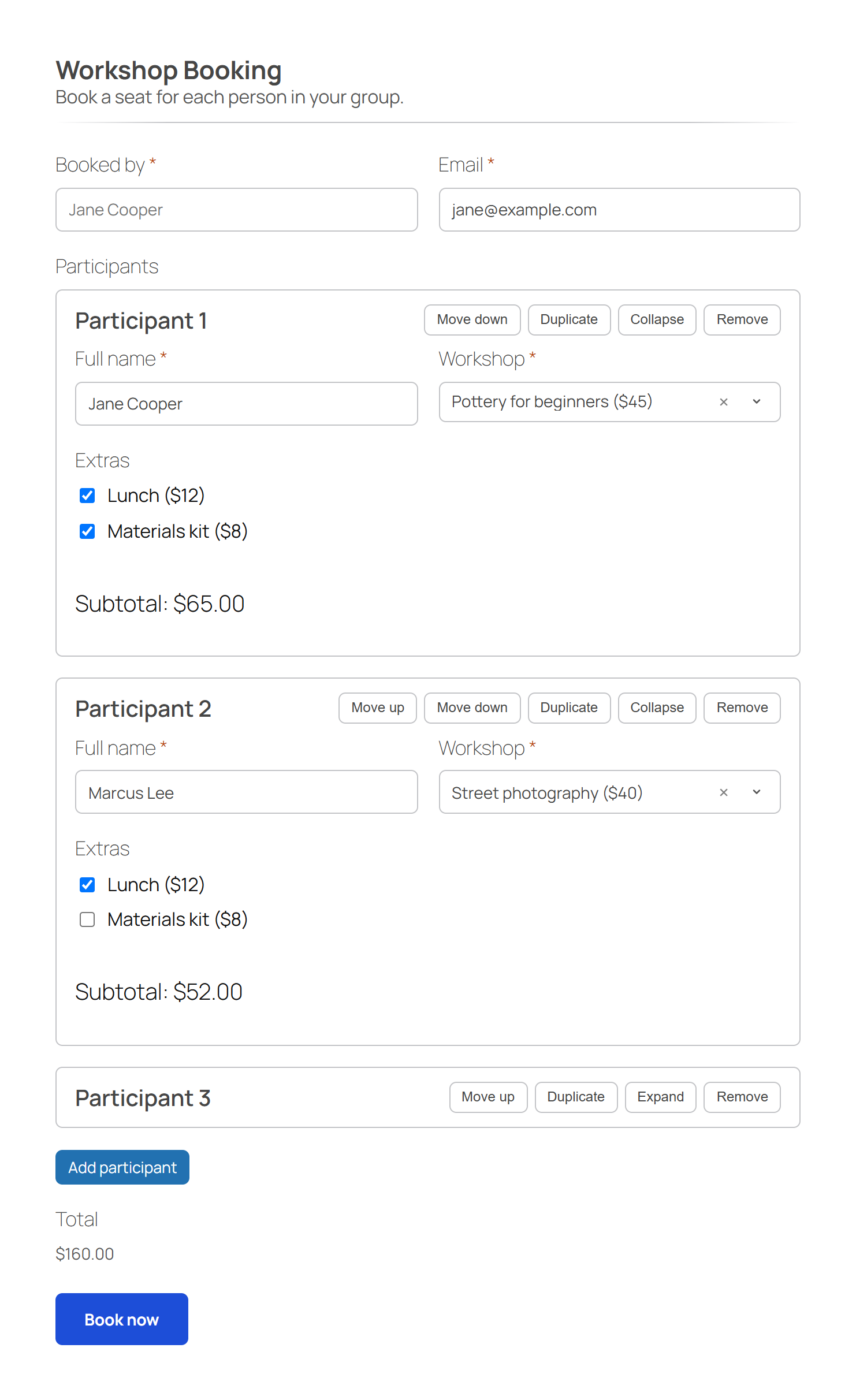 A repeatable group on the front end: one item per participant, each with its own subtotal and move, duplicate, collapse and remove actions, plus the form total.