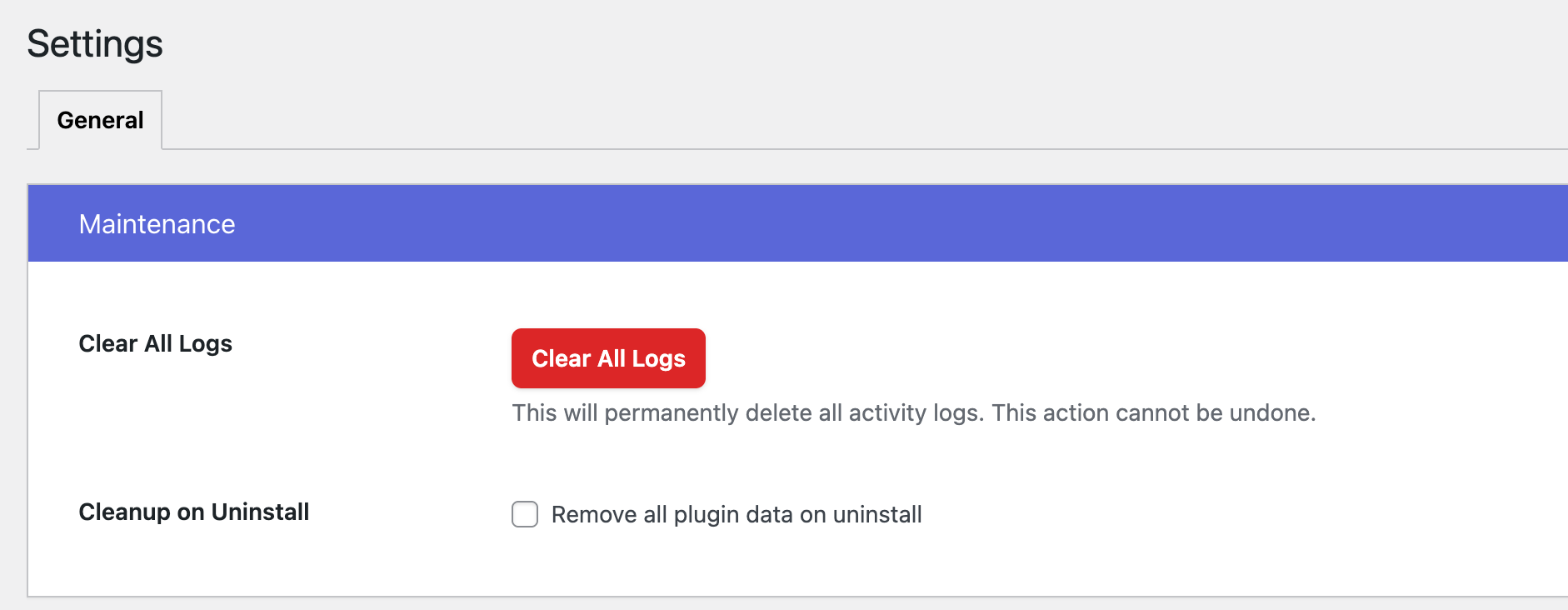 Logify Settings - Configure which activities to track and set log retention rules.