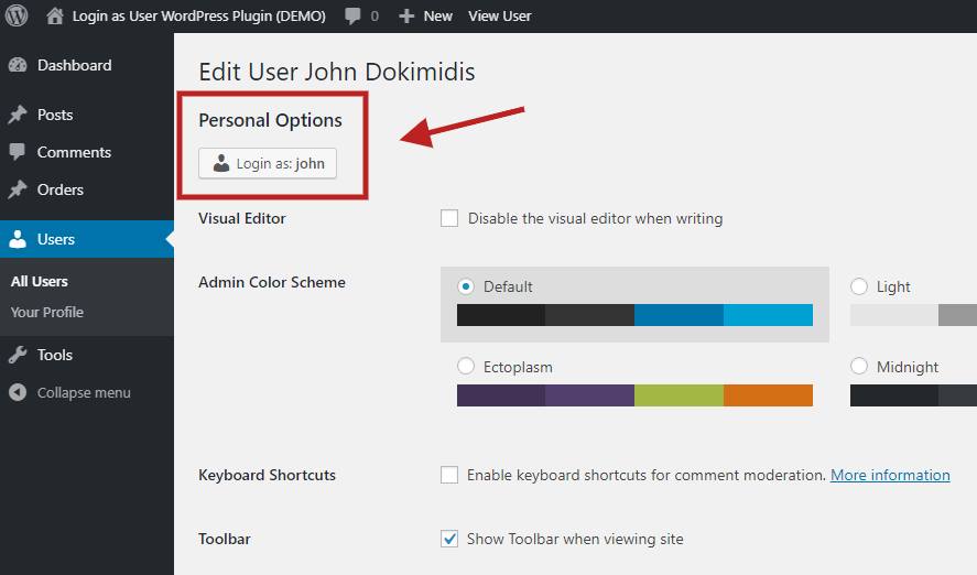 Are you in a user’s profile and want to login as this user? Just click the button Login as:… at the top left-hand side and you will be able to check data and help this specific user with any problem.