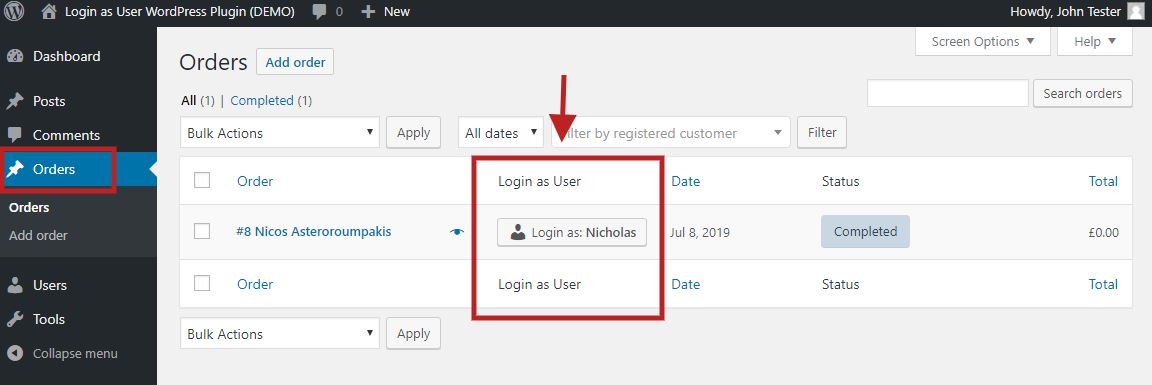 Are you using the WooCommerce plugin? In the WooCommerce orders page, the Login as user button appears besides each customer to help you provide better customer support.