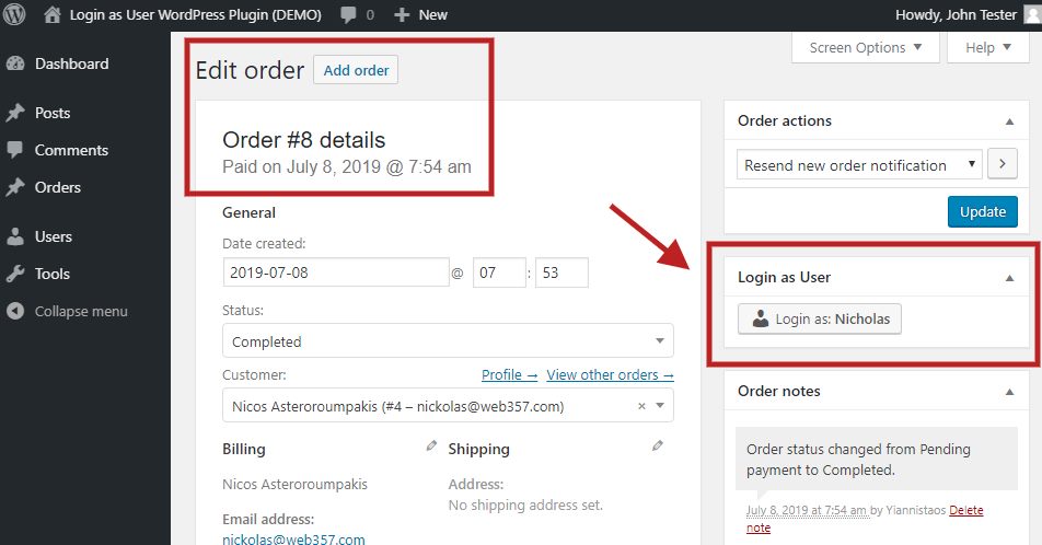 Is one of your customers having trouble with their order? Do you want to check the details of a customer’s order? You can easily check the customer’s problem from his/her perspective by switching with the Login as User button in the WooCommerce order details page.