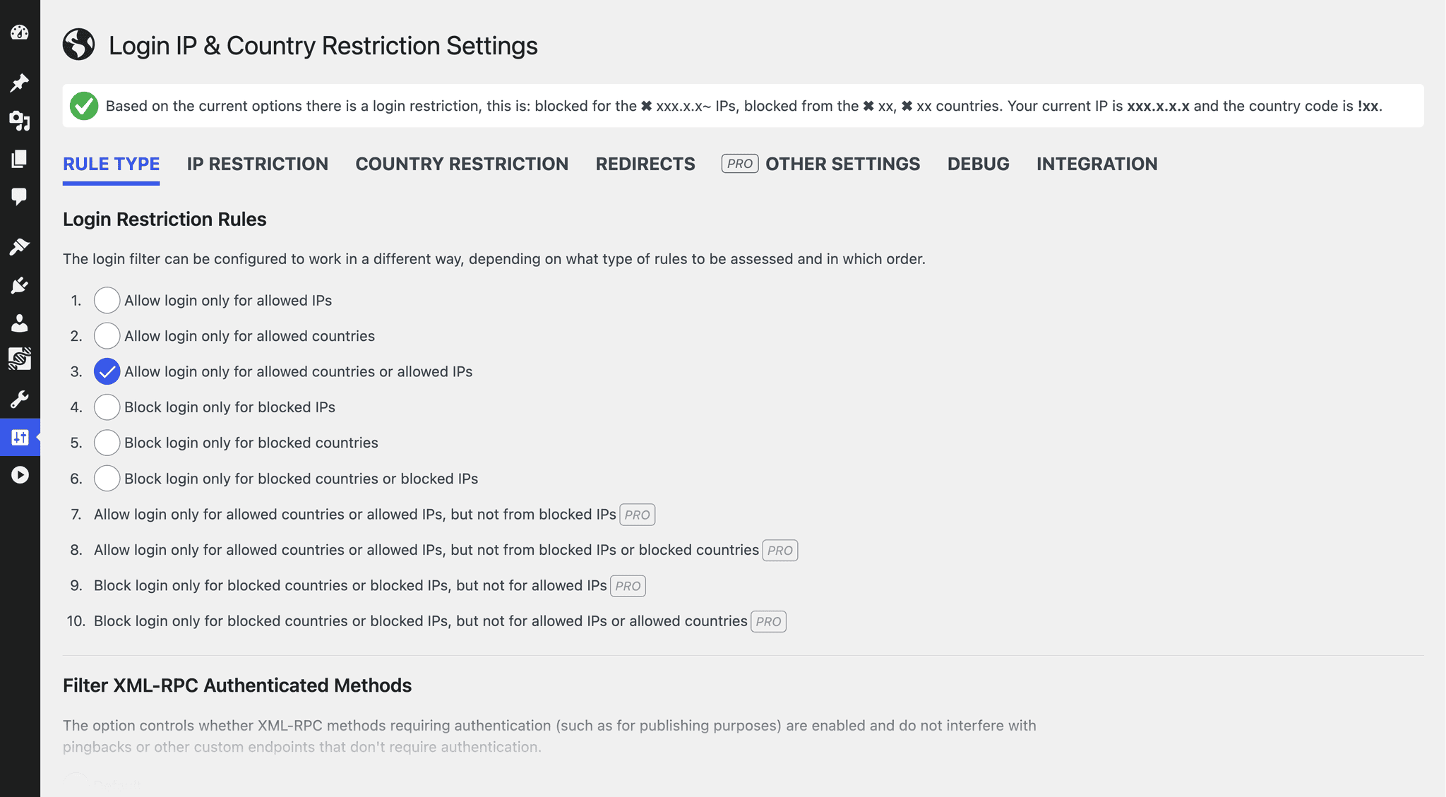 Main configuration dashboard for login restriction rules and XML-RPC methods.