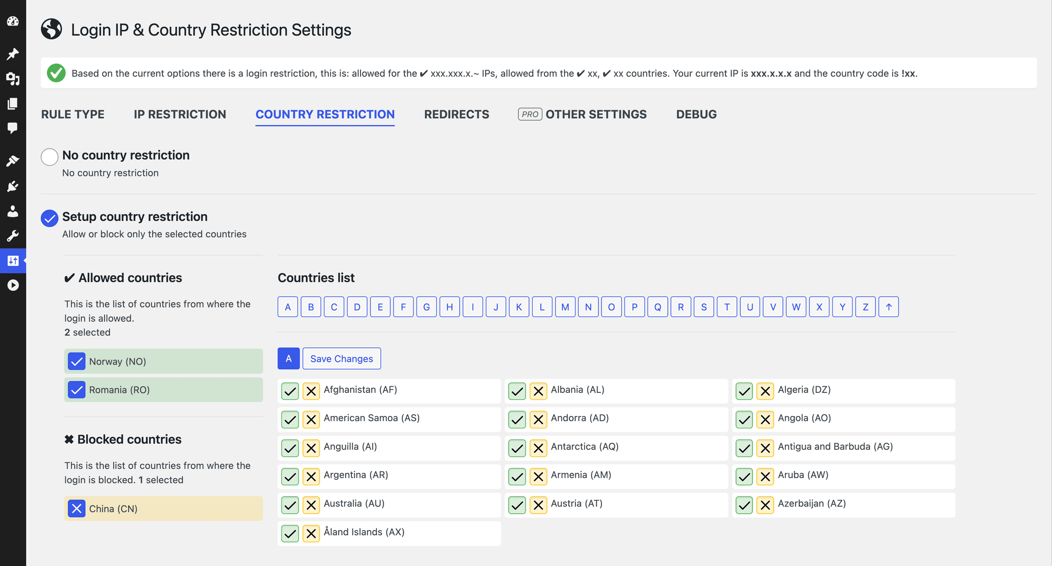 Countries restriction: allow and block specific countries