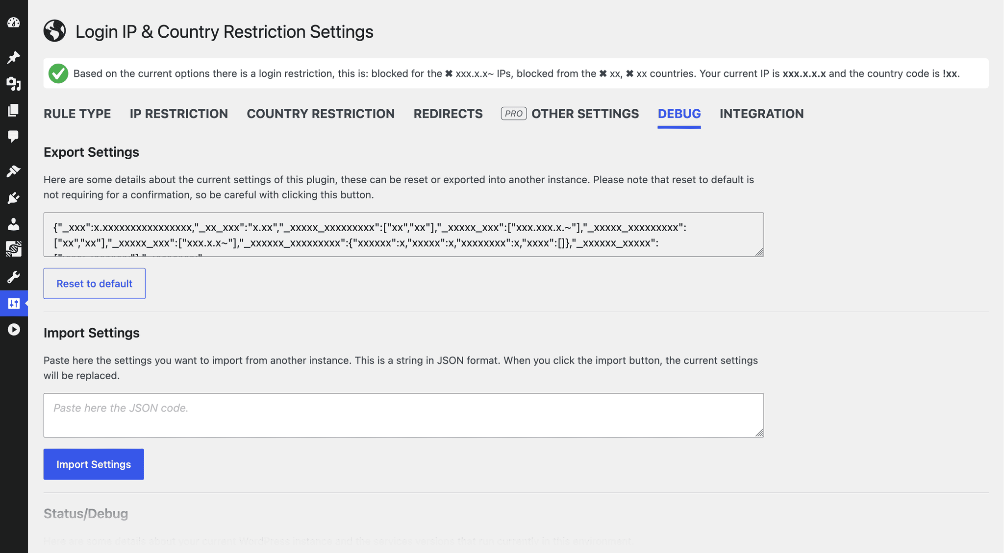 Tools layout for importing/exporting configurations and reviewing debug details.