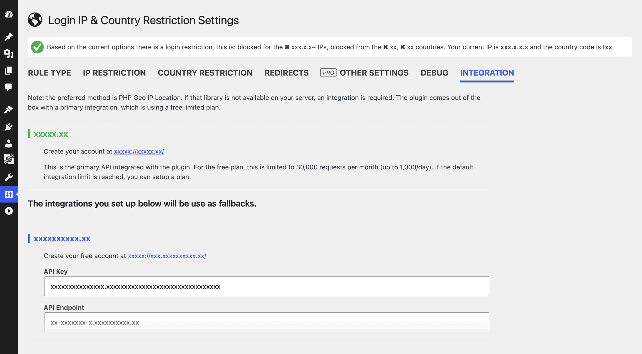 Integration settings and details.
