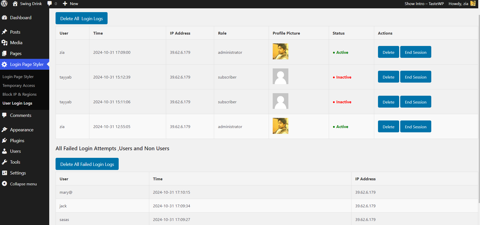<strong>Login Logs</strong> – Track login activity, IP addresses, and roles.