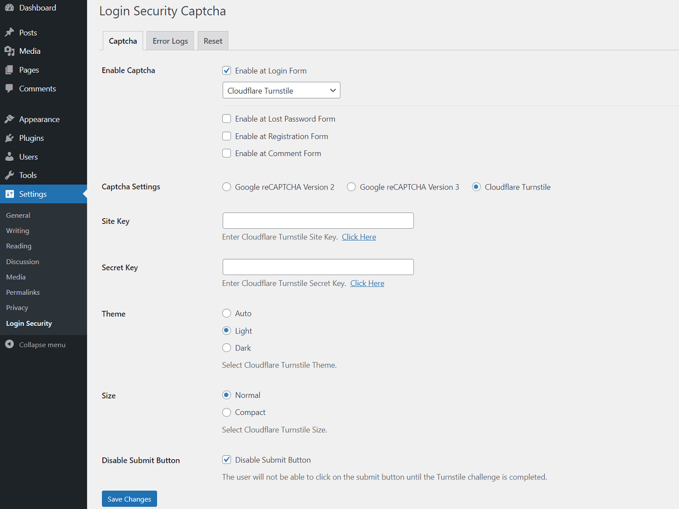 Cloudflare Turnstile Settings - Login Security Captcha