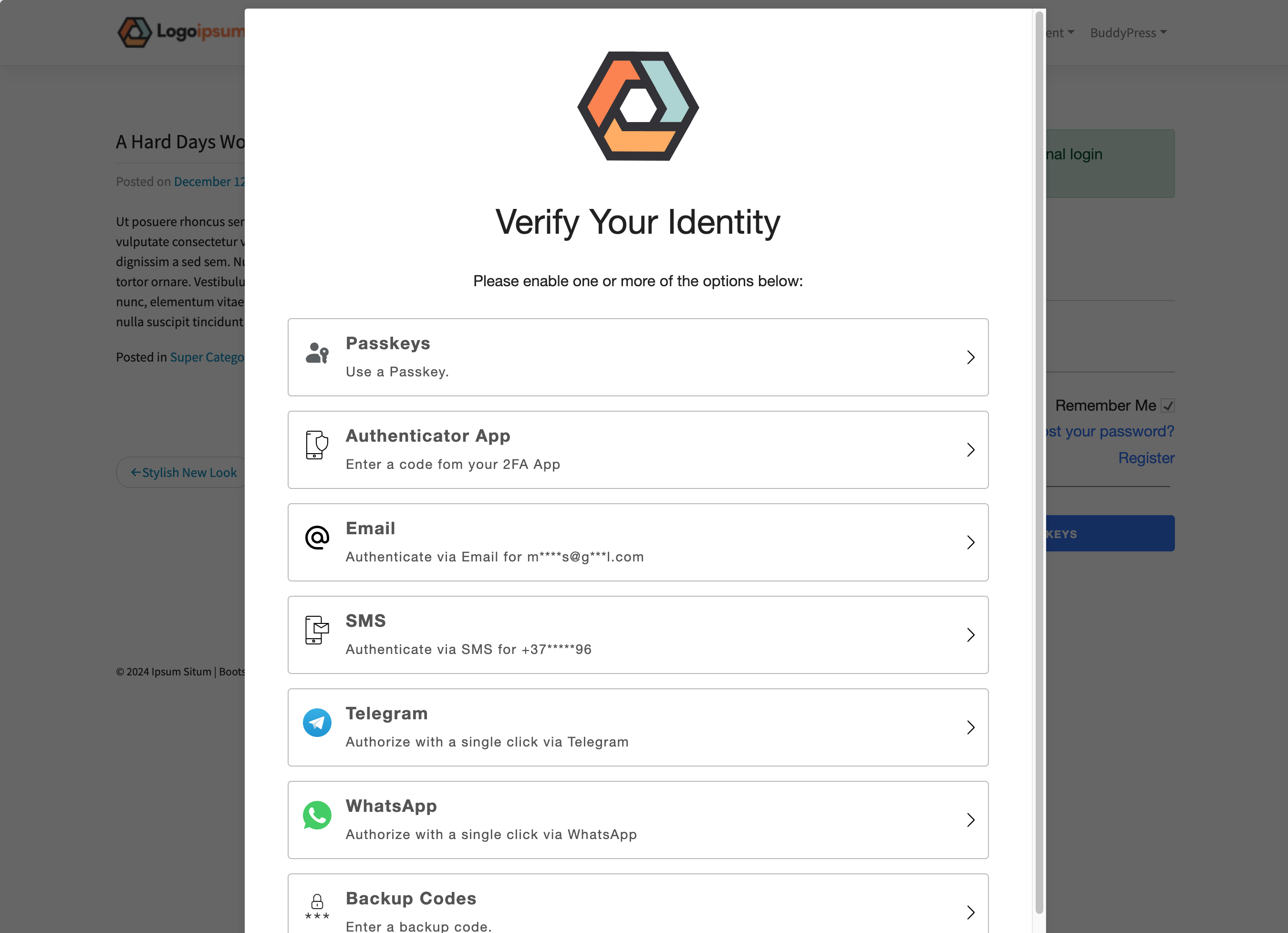 <p>Example 2FA verification request with multiple options enabled by a user.</p>