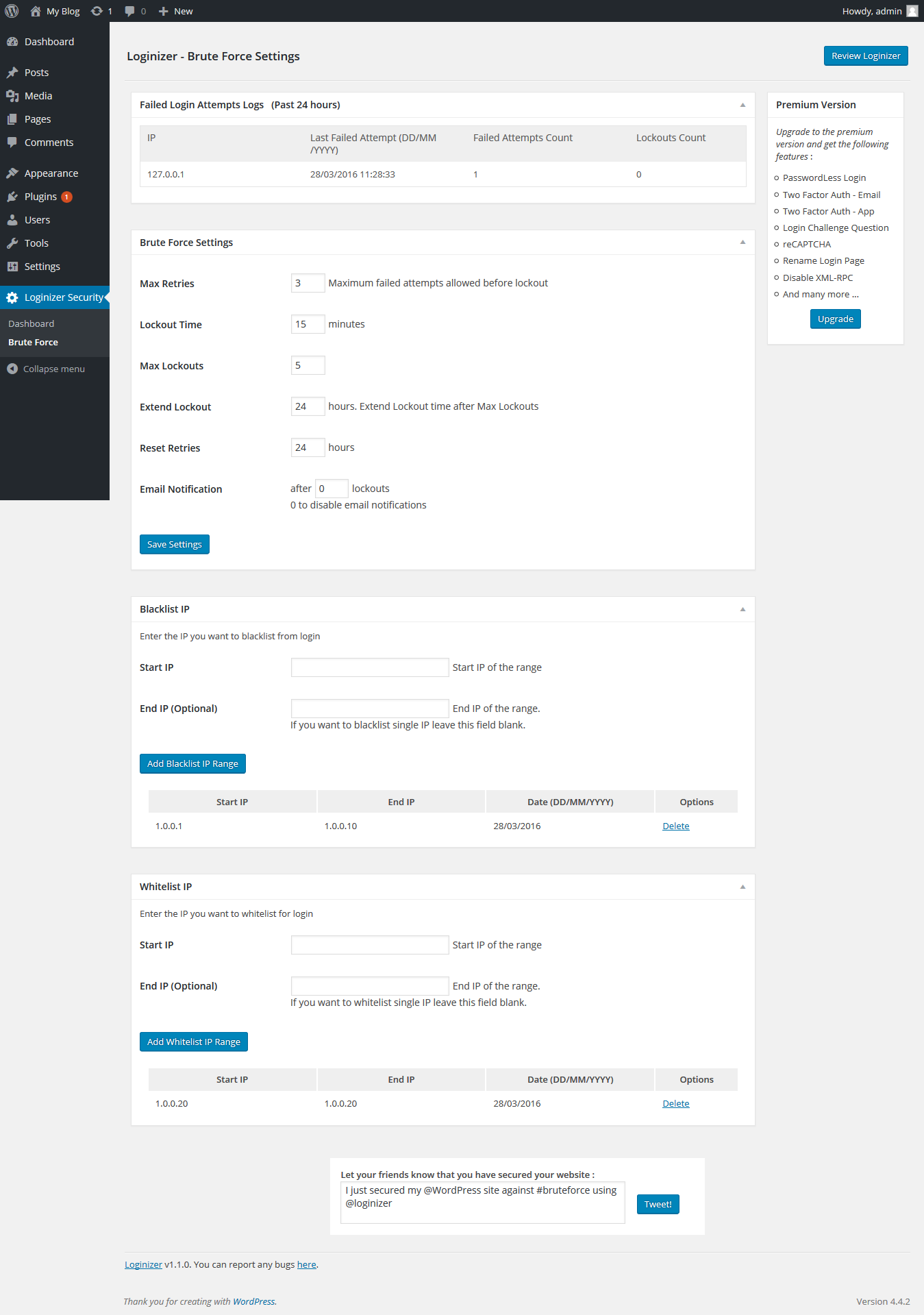 Loginizer Brute Force Settings page