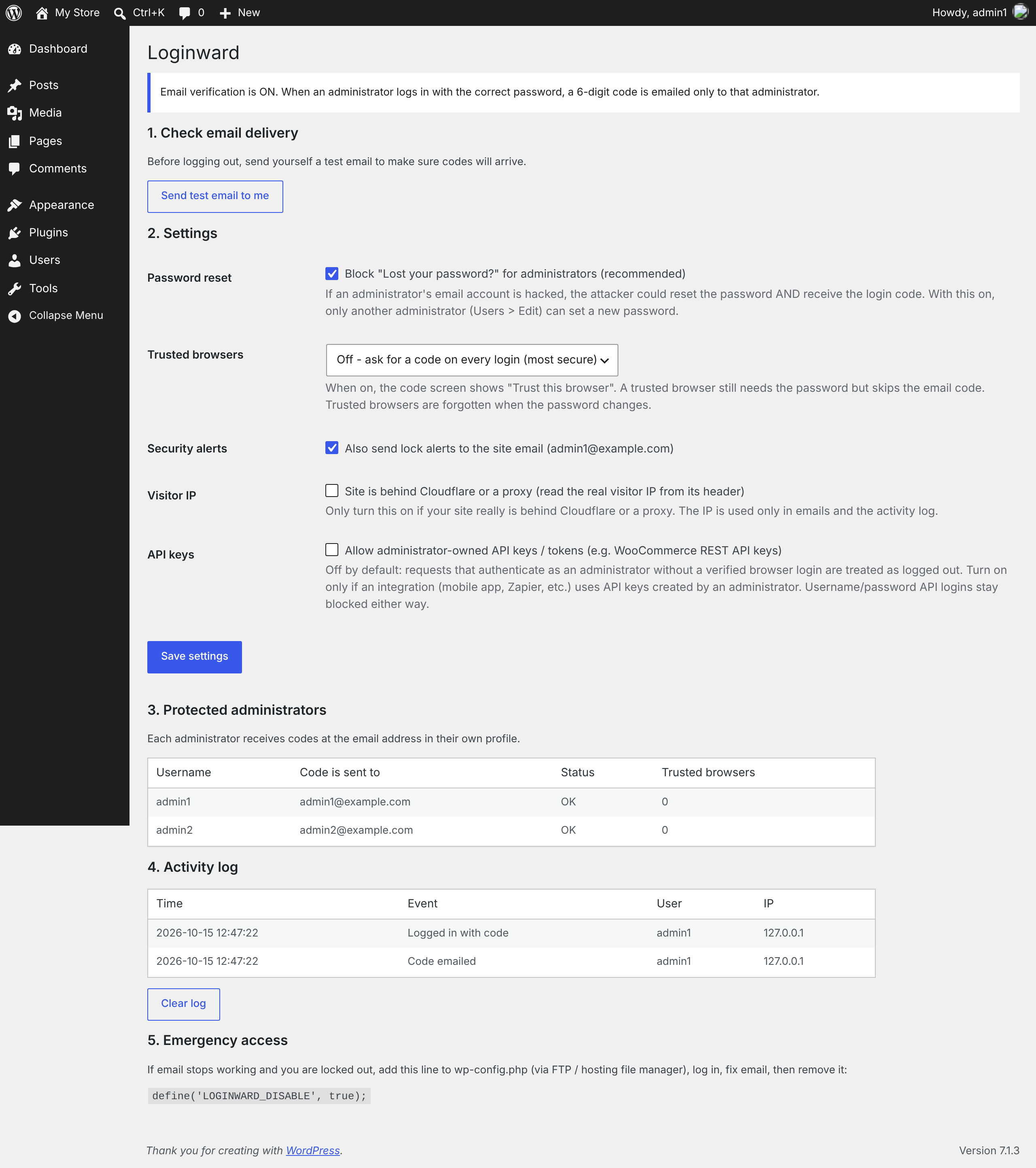 Settings → Loginward: test email, options, protected administrators and the activity log.