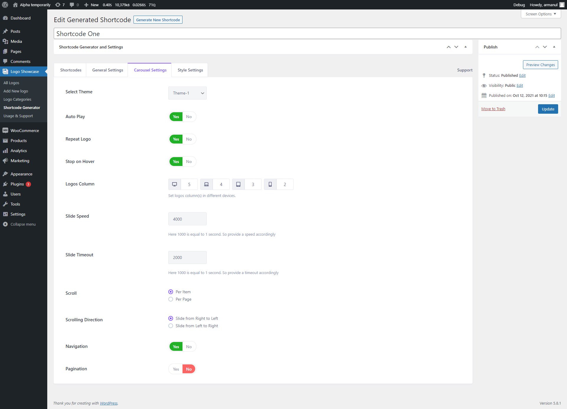 Backend: Carousel Settings