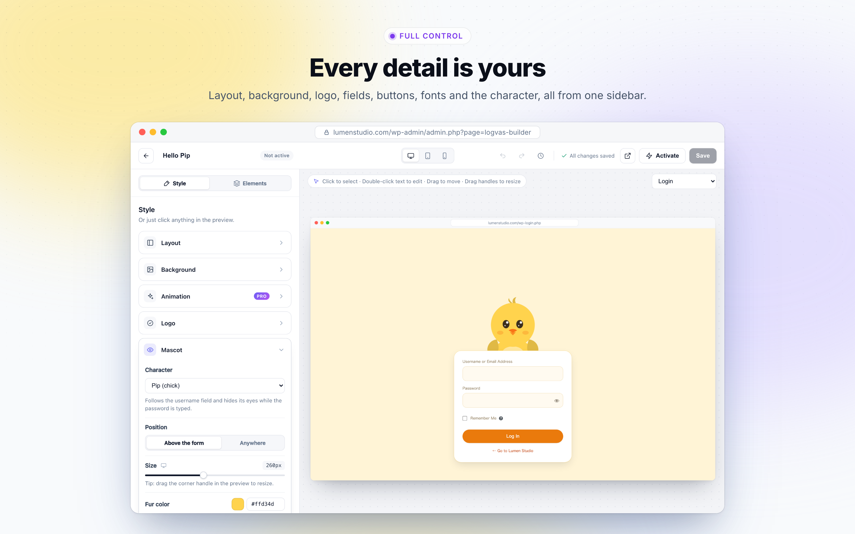 Style every detail from one sidebar: layout, background, logo, fields, buttons, fonts and the character.