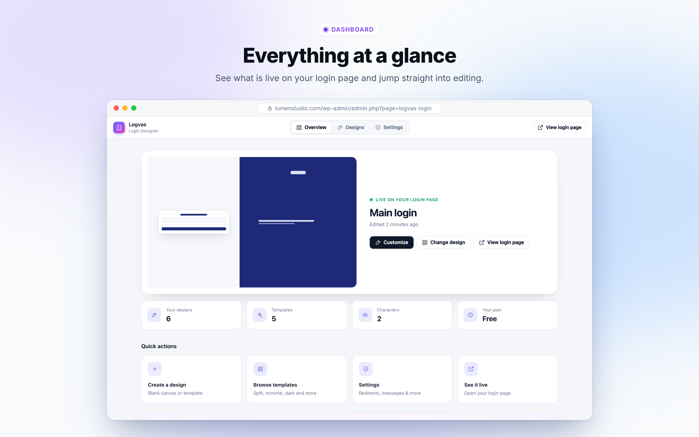 Dashboard: see what is live on your login page and jump straight into editing.