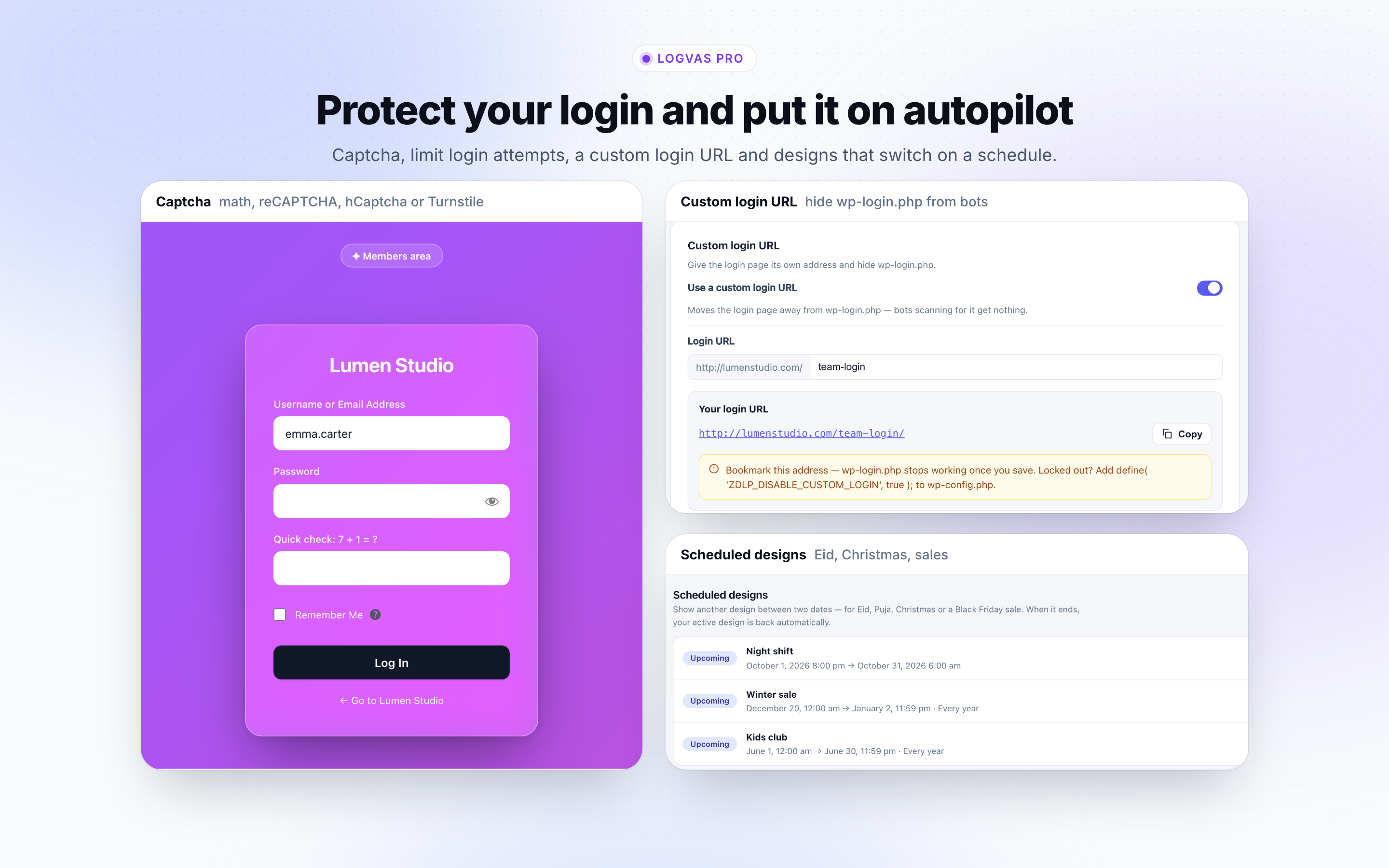 Logvas Pro: captcha, custom login URL and scheduled designs.