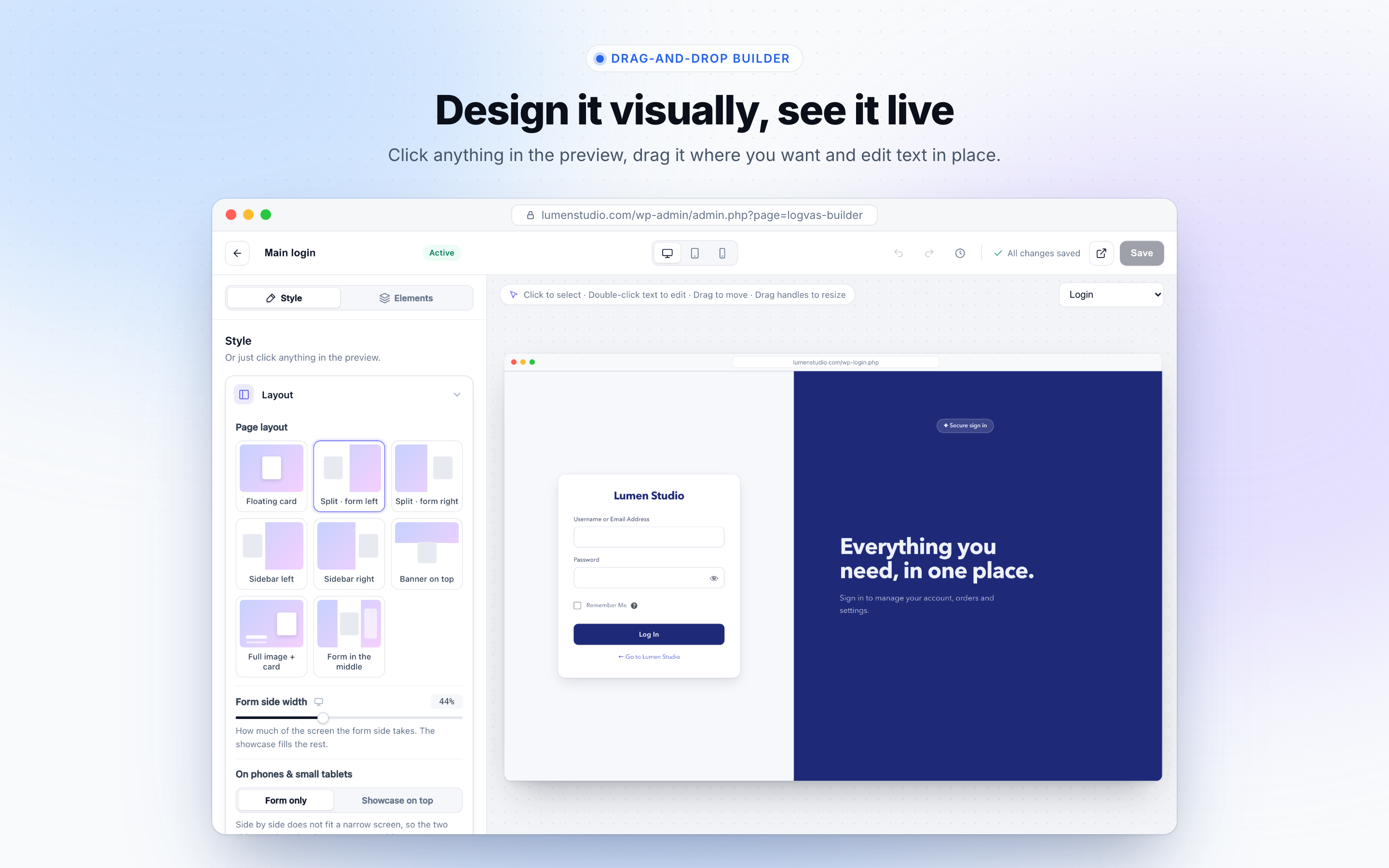 The drag-and-drop builder: click anything in the live preview, drag it where you want and edit text in place.