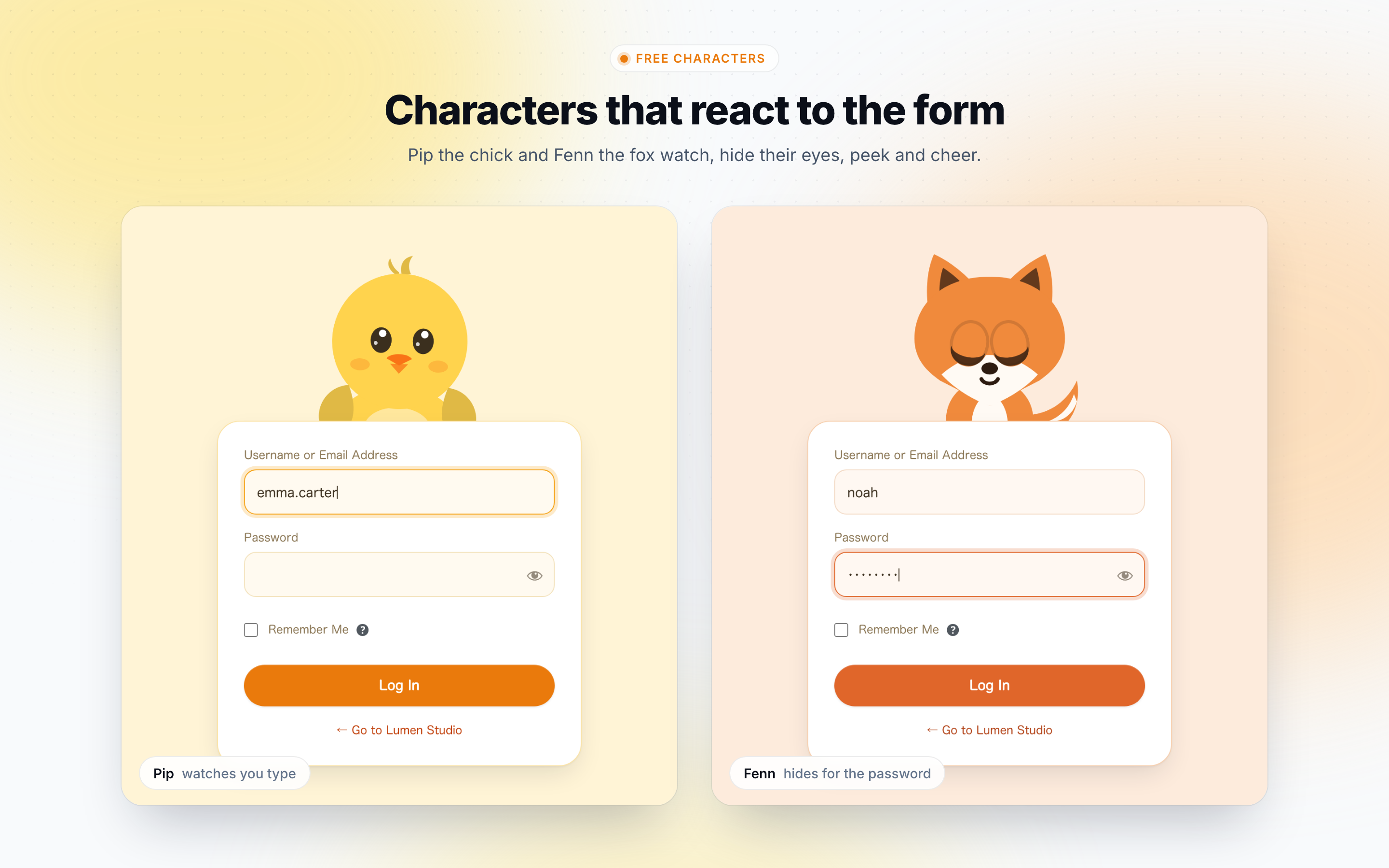 Free characters Pip the chick and Fenn the fox react to the form as people log in.