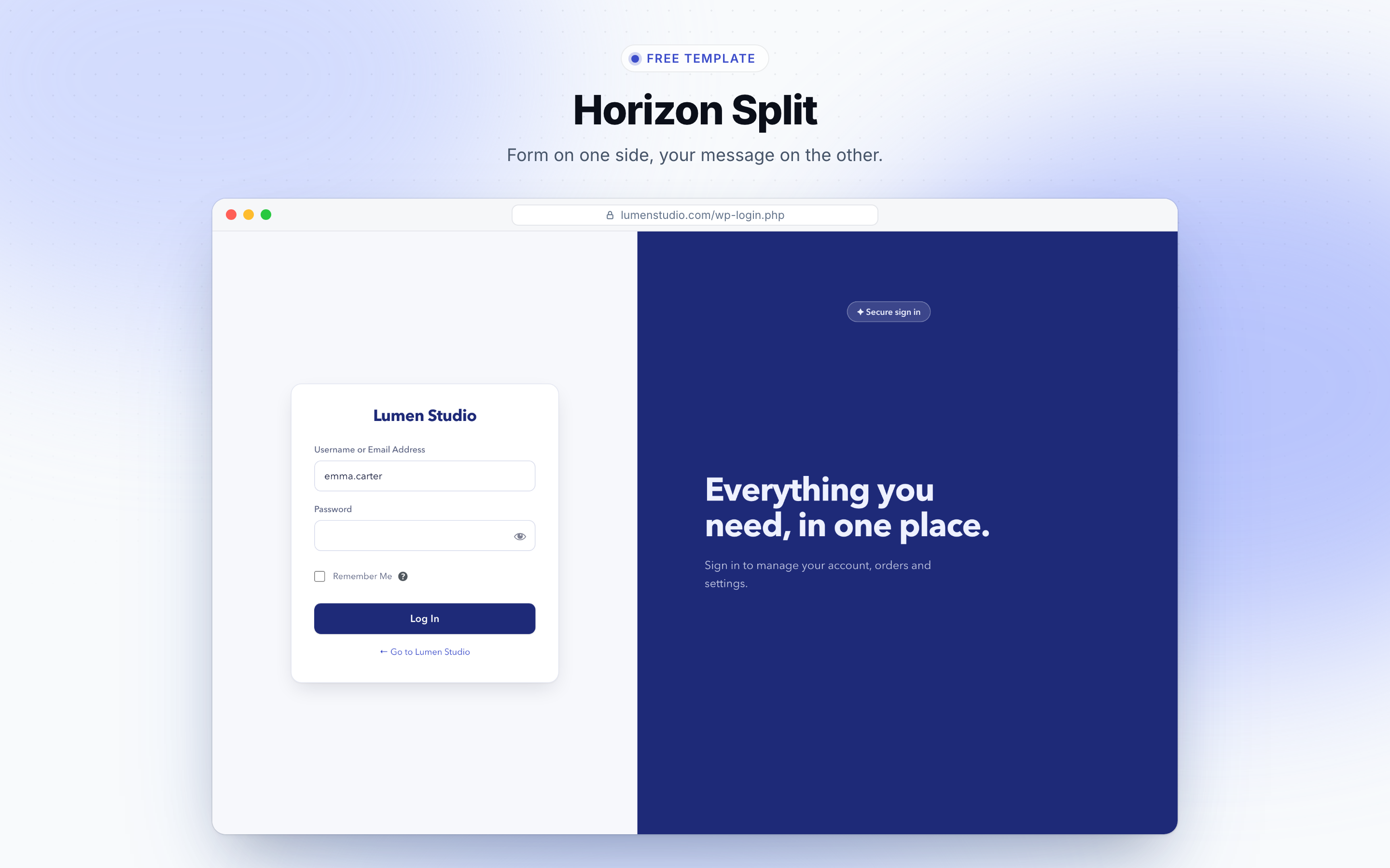 Horizon Split template: form on one side, your message on the other.