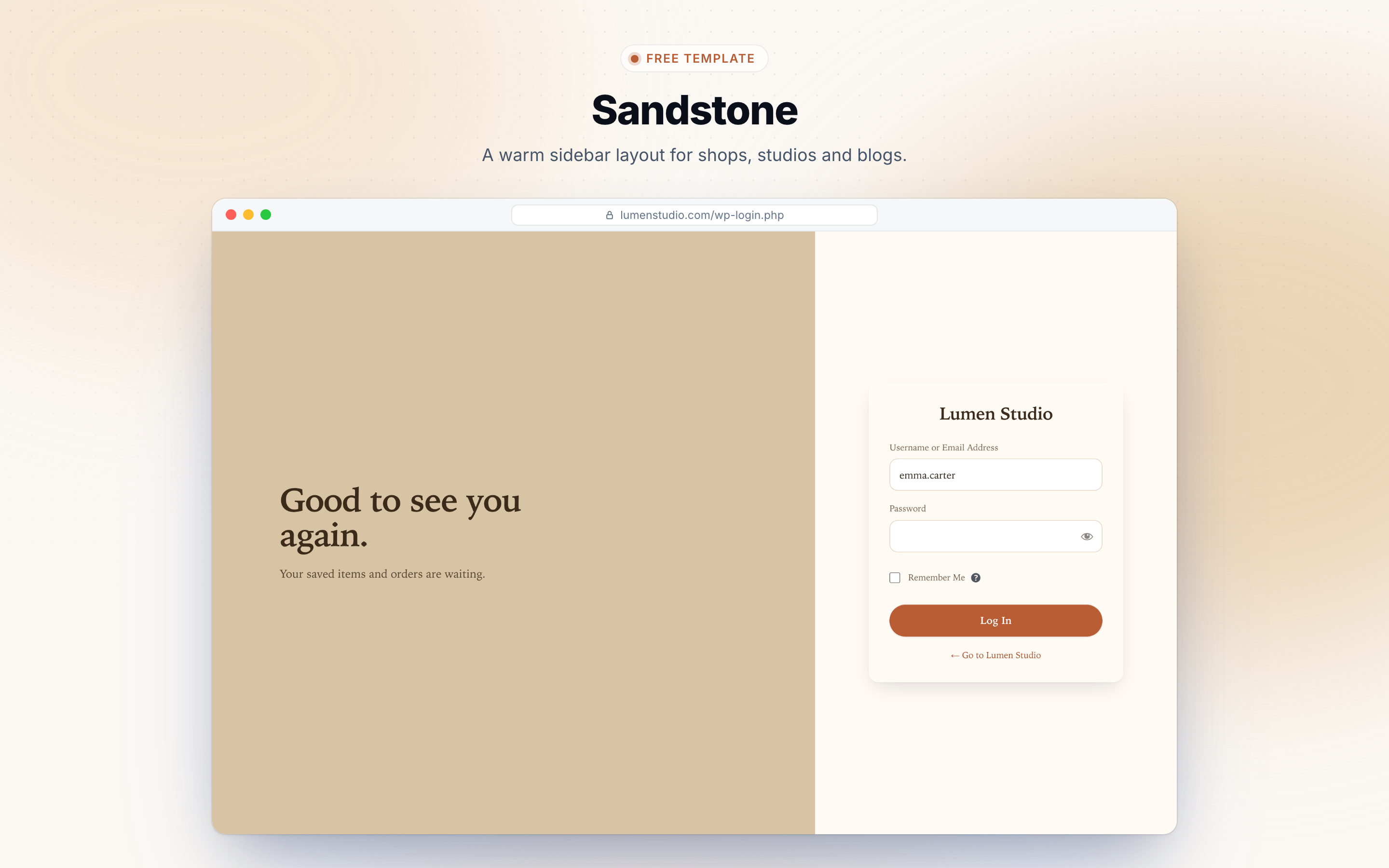 Sandstone template: a warm sidebar layout for shops, studios and blogs.