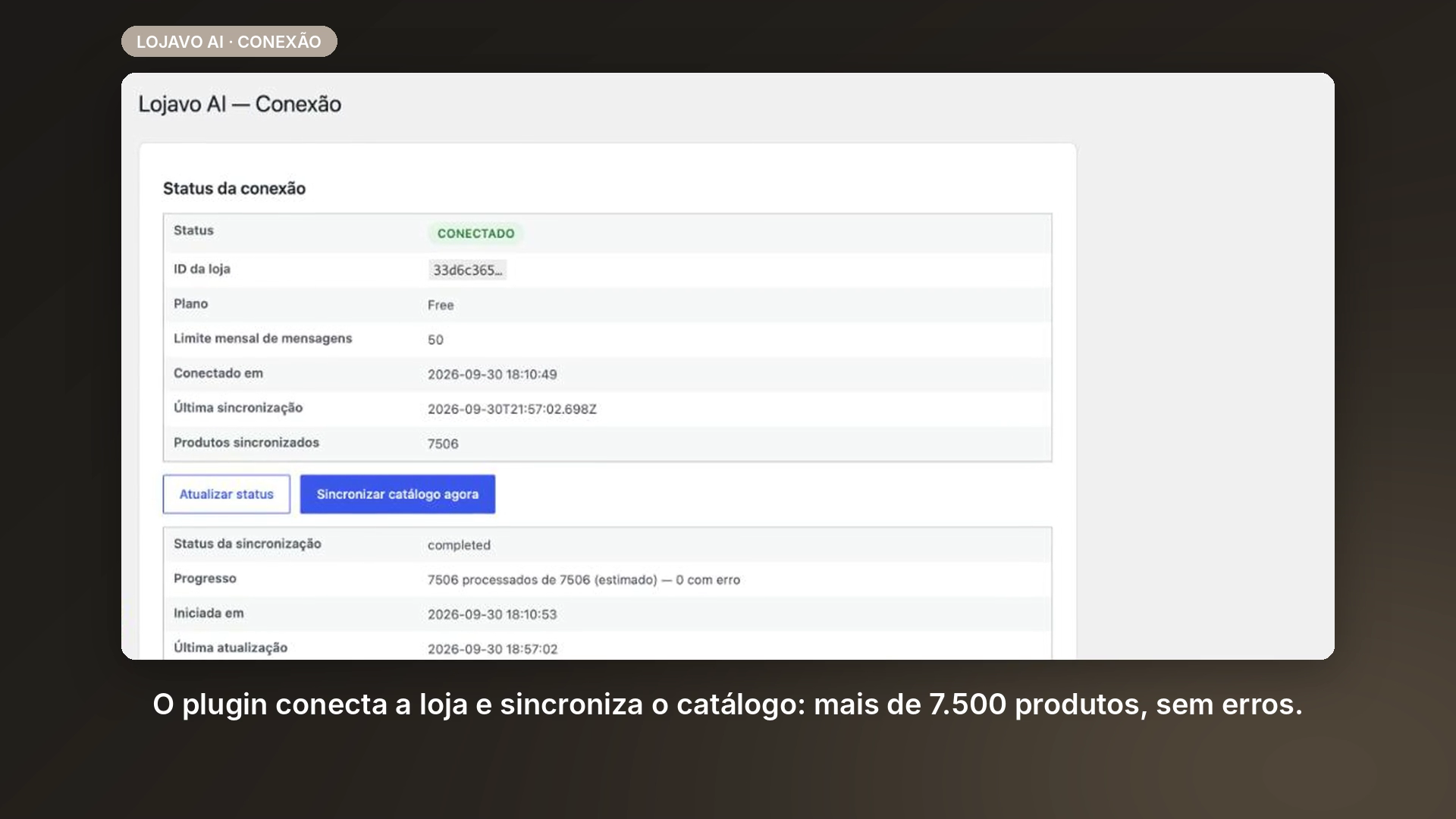Connection screen — store connected and the full catalog (7,500+ products) synced with no errors.