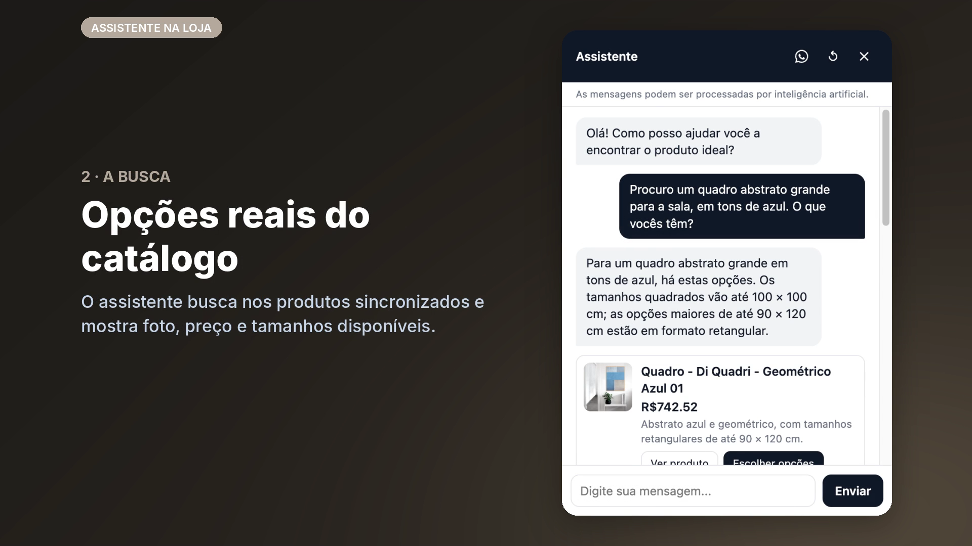 Chat widget on the storefront — the visitor describes what they want and gets real products with photo, price and sizes.