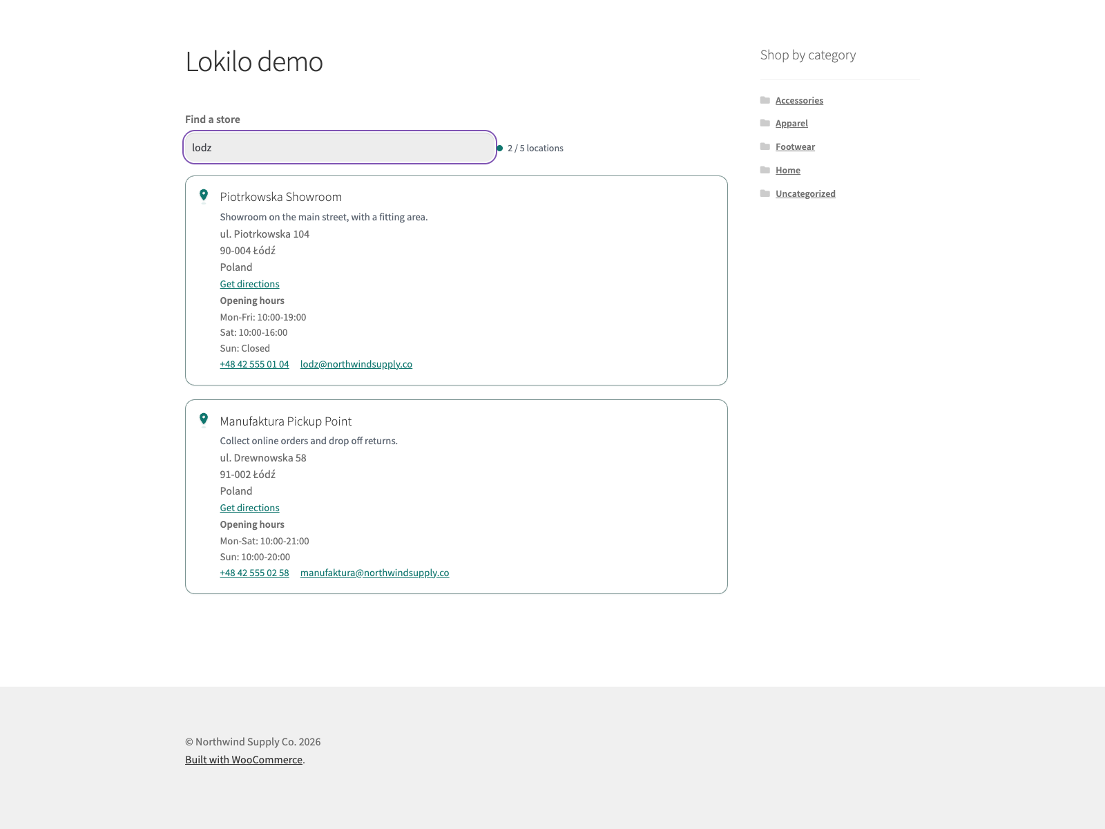 Typing "lodz" finds the Łódź stores, each card with a Get directions link.