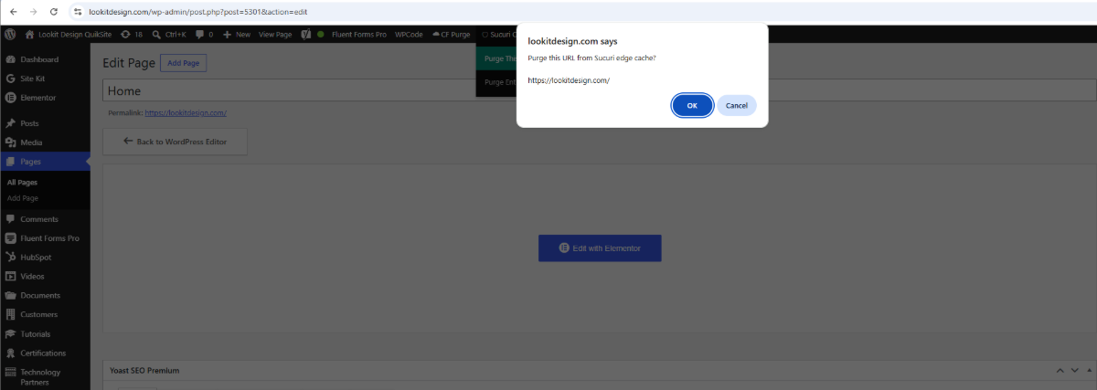 The confirmation dialog shown before a purge, with the exact URL to be cleared