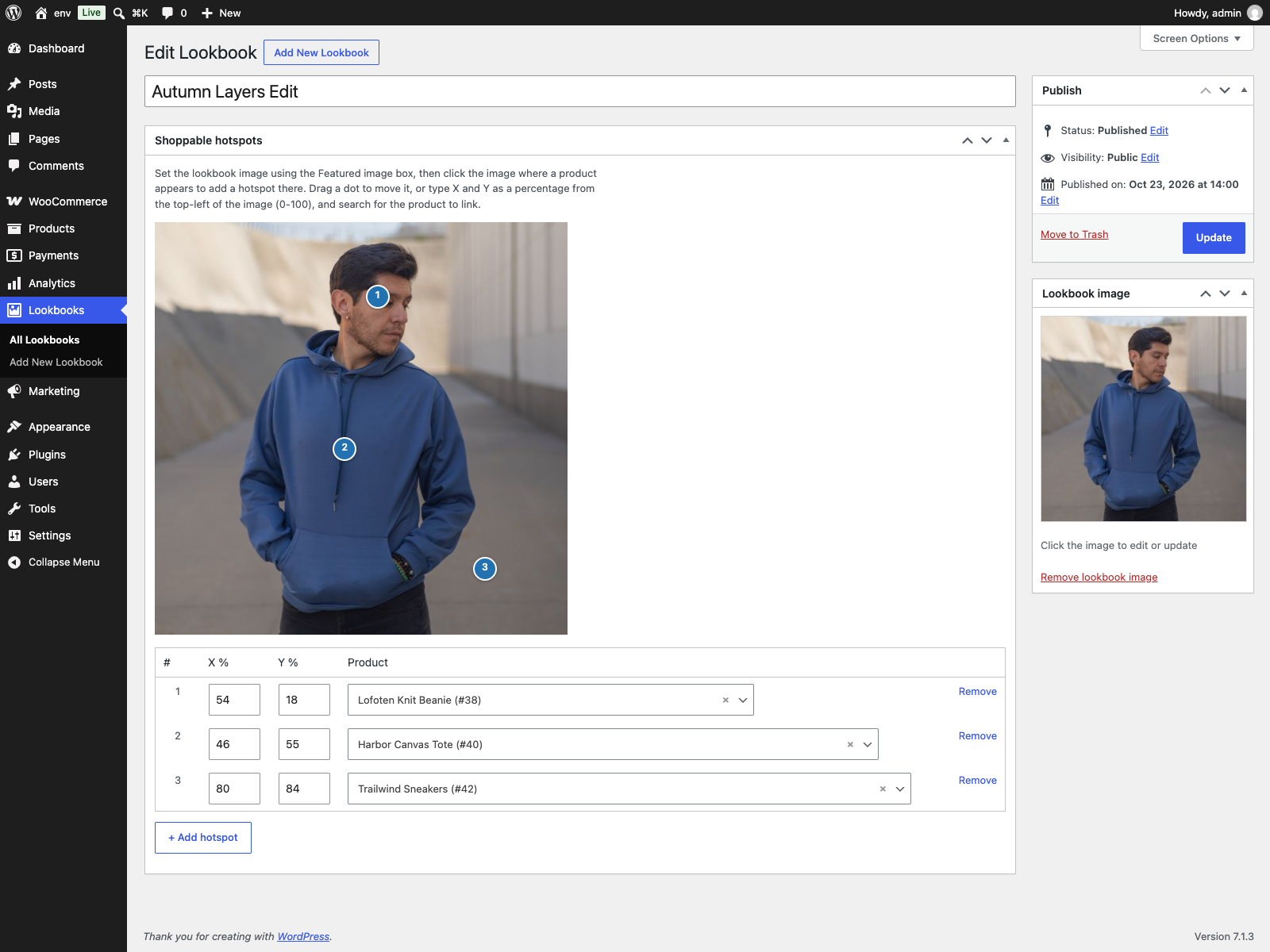 The hotspot editor: click the image to place a hotspot, drag to adjust, and search for the product.