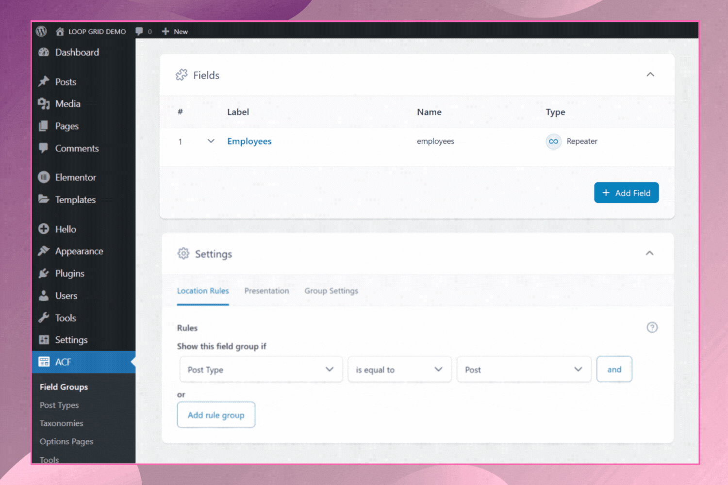 ACF Repeater Field Setup/configuration preview