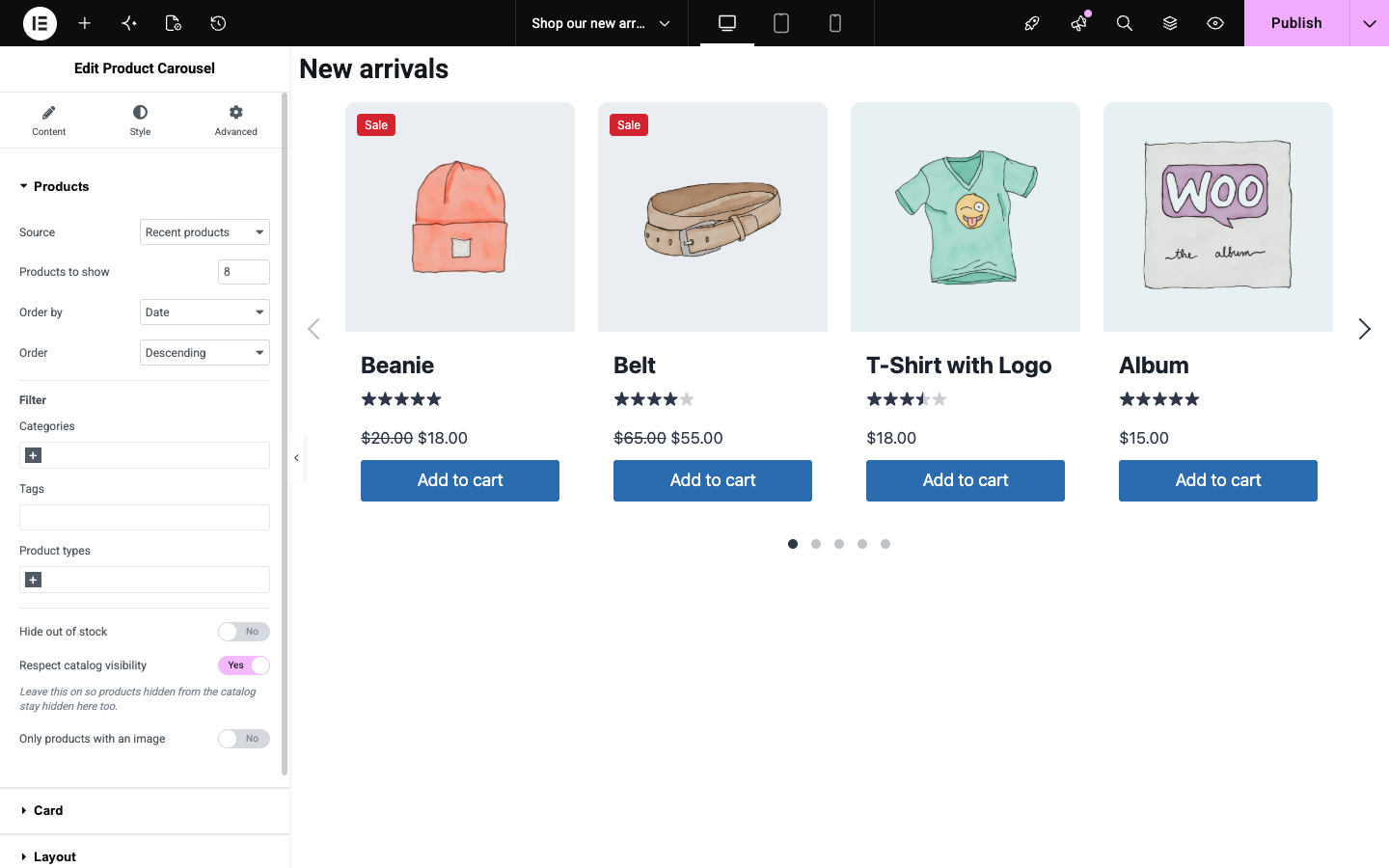 Product query controls, with six sources, filters and ordering.