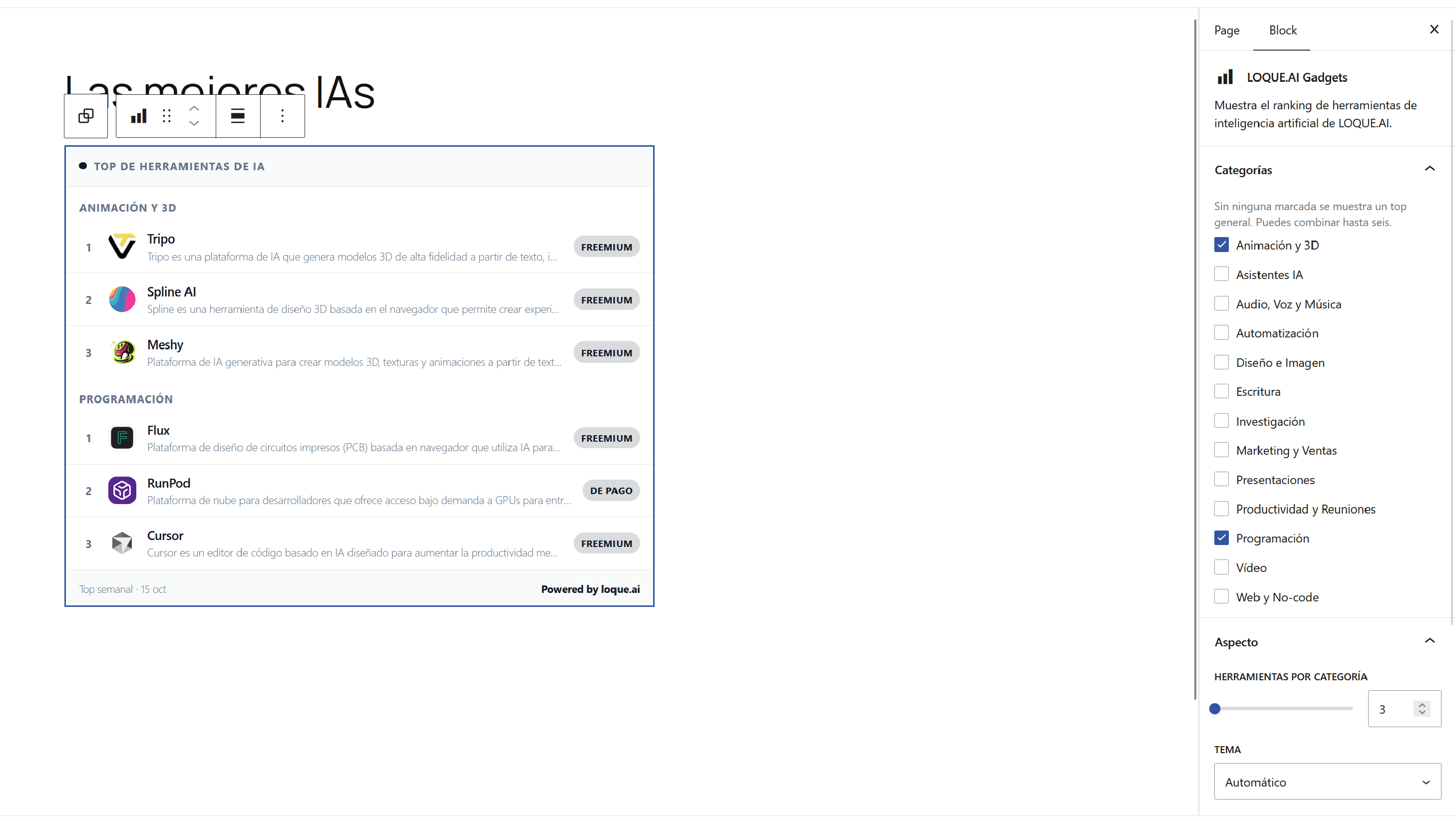 El bloque "LOQUE.AI Gadgets" en el editor, con la vista previa del widget.
