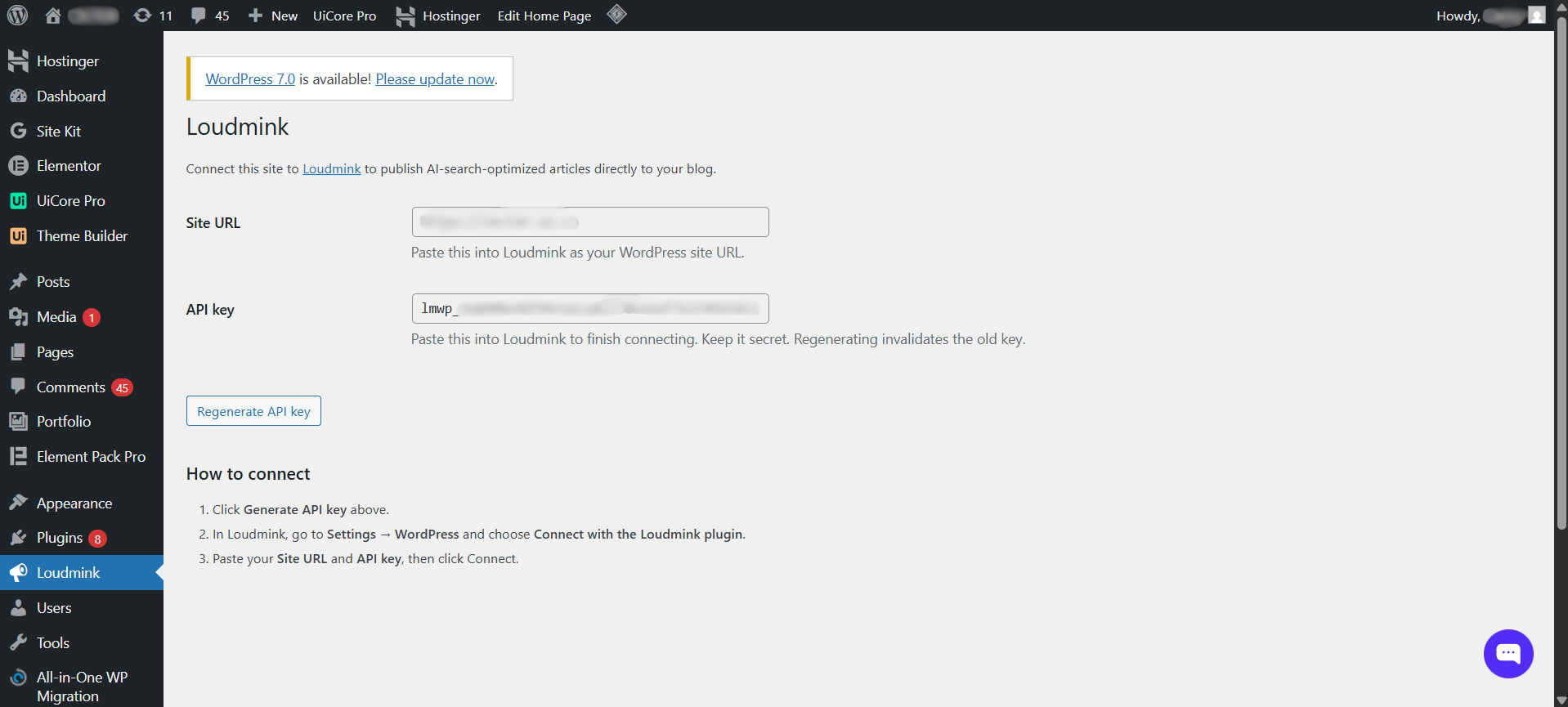 The Loudmink settings page in your WordPress admin. Generate a connection API key with one click, then paste it into Loudmink. No username or application password required.