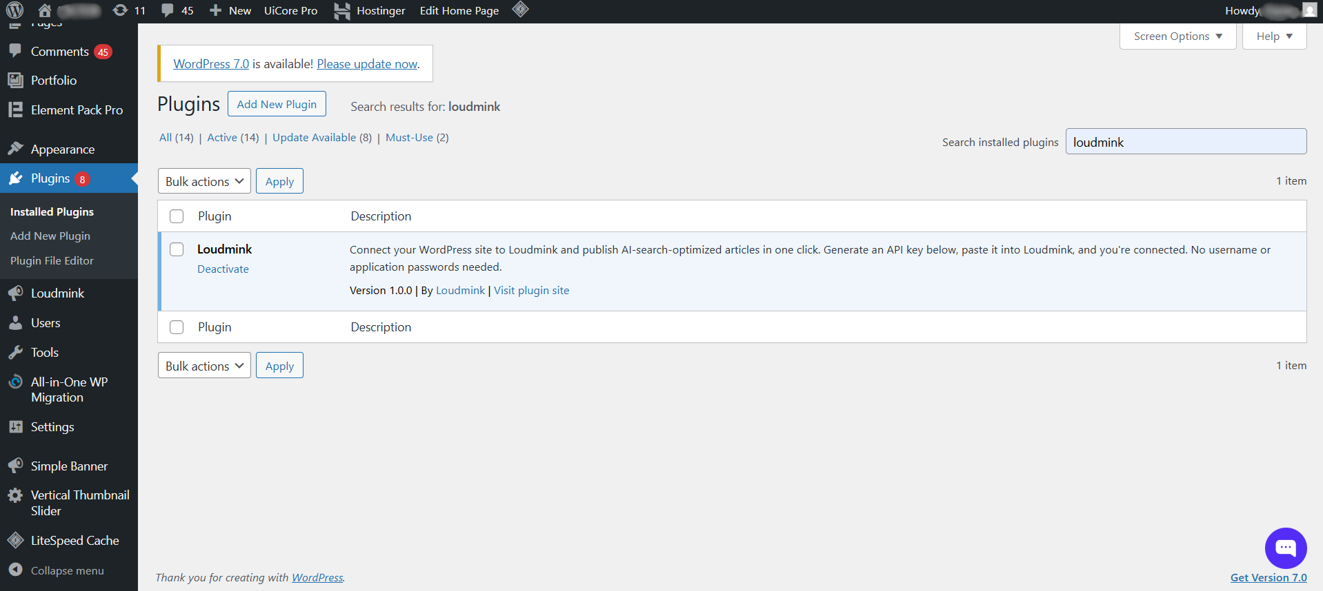 The Loudmink plugin installed and active in your WordPress plugins list.
