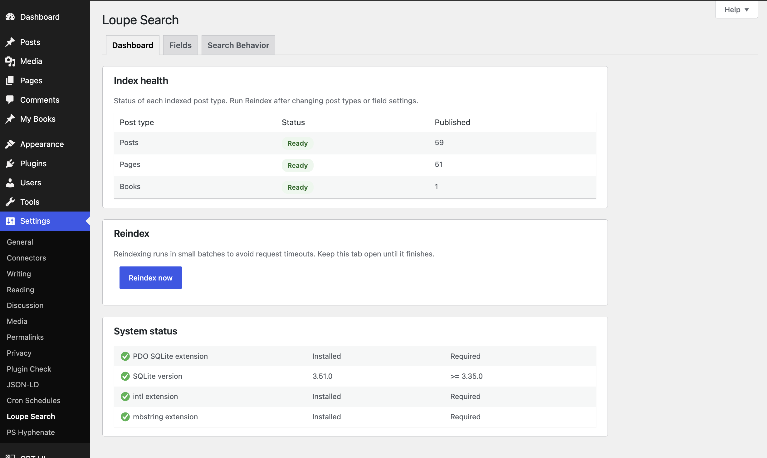 Dashboard tab showing index health per post type, batched reindexing, and the system status for the required PHP extensions.