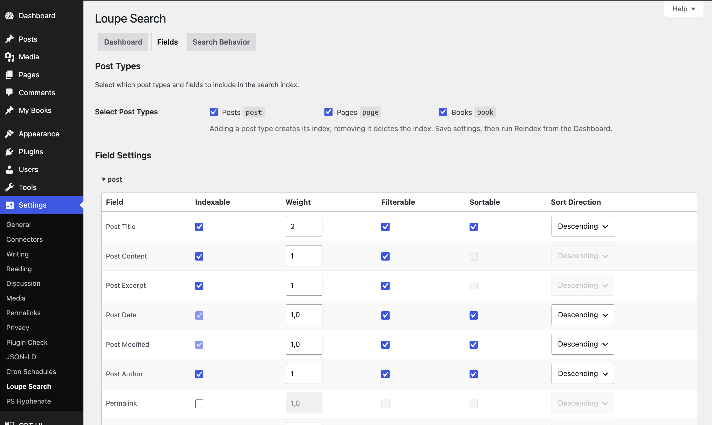 Fields tab for selecting which post types are indexed and configuring each field as indexable, filterable or sortable, with weight and sort direction.
