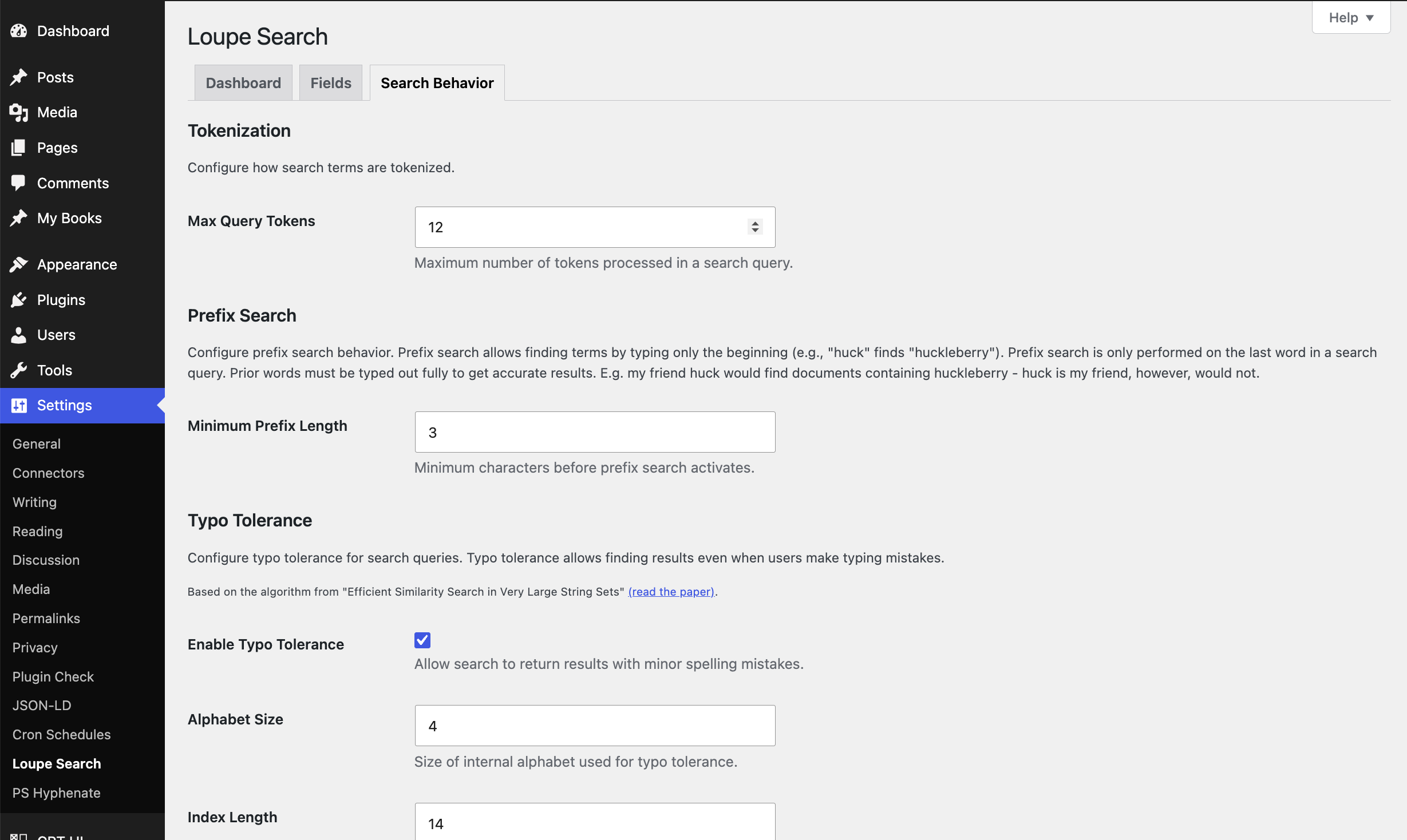 Search Behavior tab with tokenization, prefix search and typo tolerance settings.