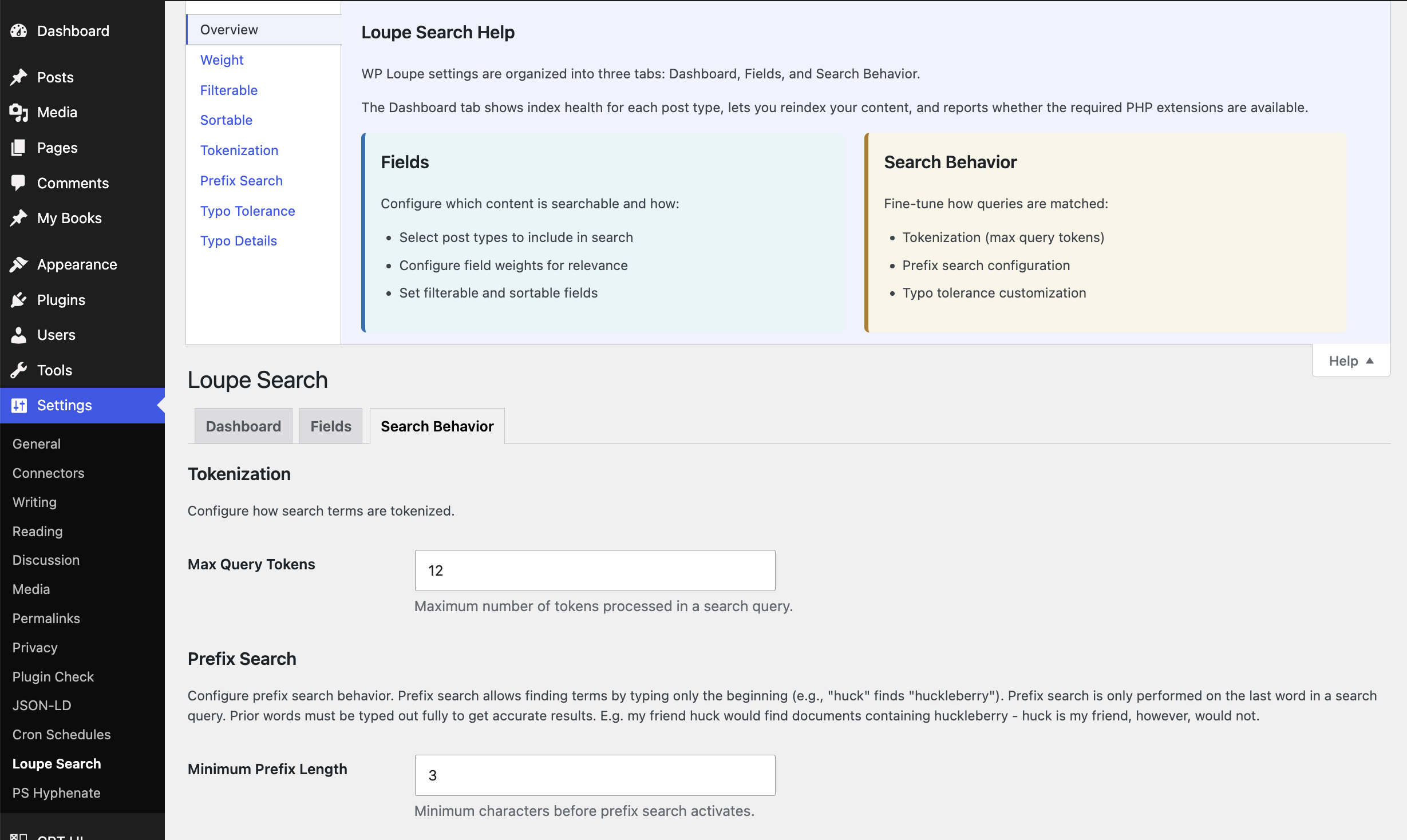 Contextual help tabs explaining field configuration options and search behavior settings.