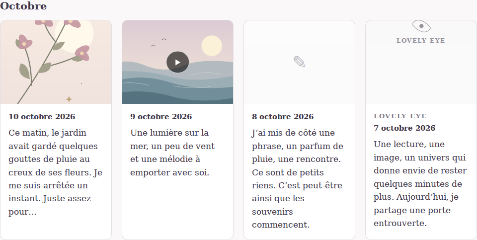Monthly archives with images, video previews and links to complete notes.