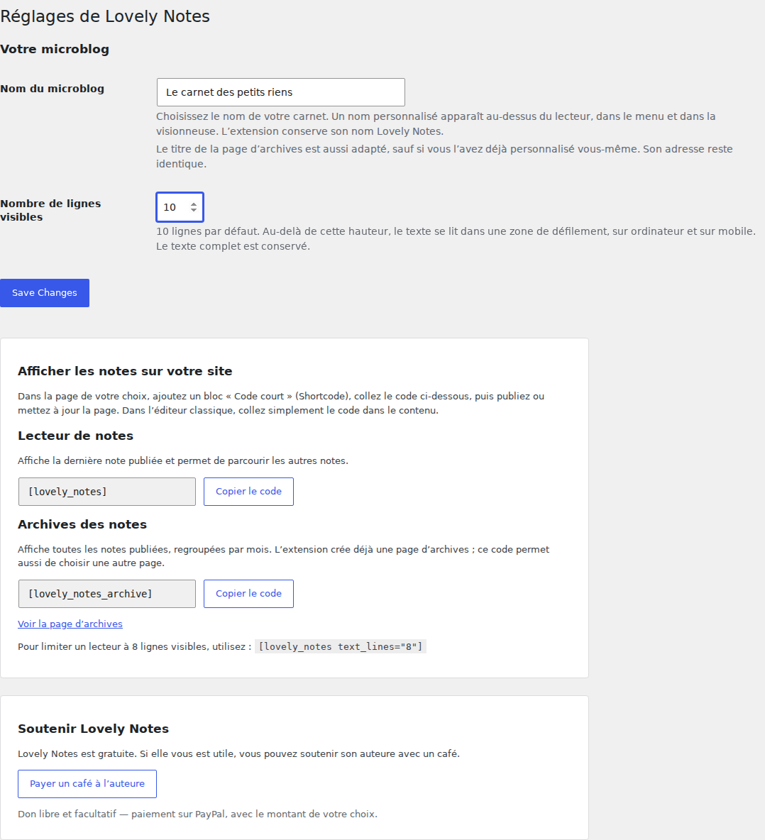 Settings with a custom notebook name, line limit, copyable shortcodes and an optional author support link.