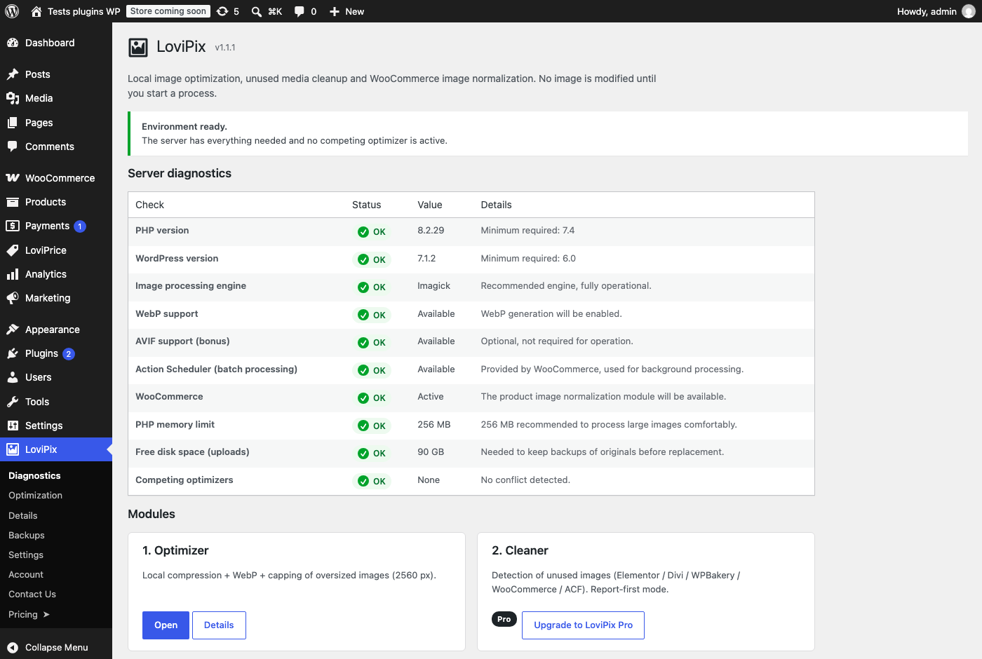 Server diagnostics: image engine, WebP support and conflicting plugins at a glance.
